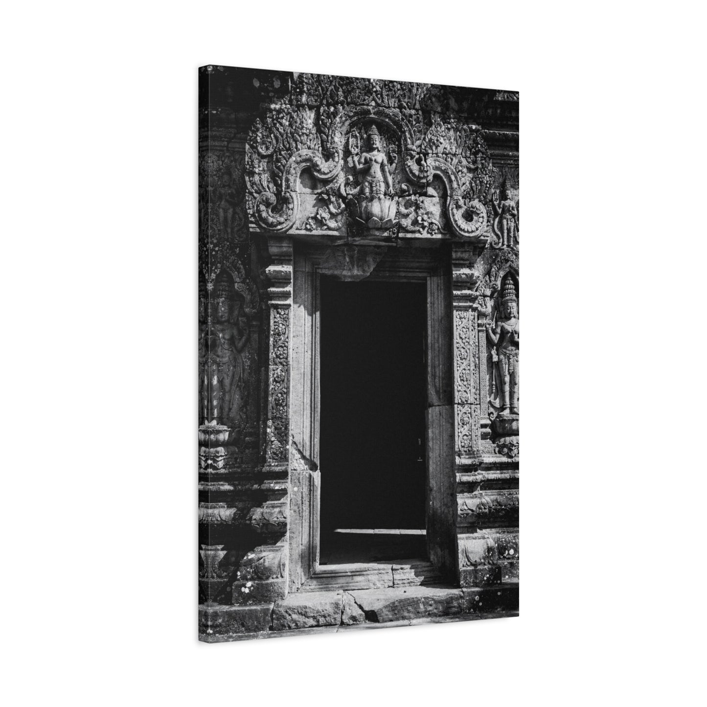 Buddhist Temple Doorway Canvas Wall Art - Black And White Stone Carving, Religious Architecture Print, Traditional Monochrome Decor - Living Room Wall Decor, Office Art - Bedroom Home Decoration