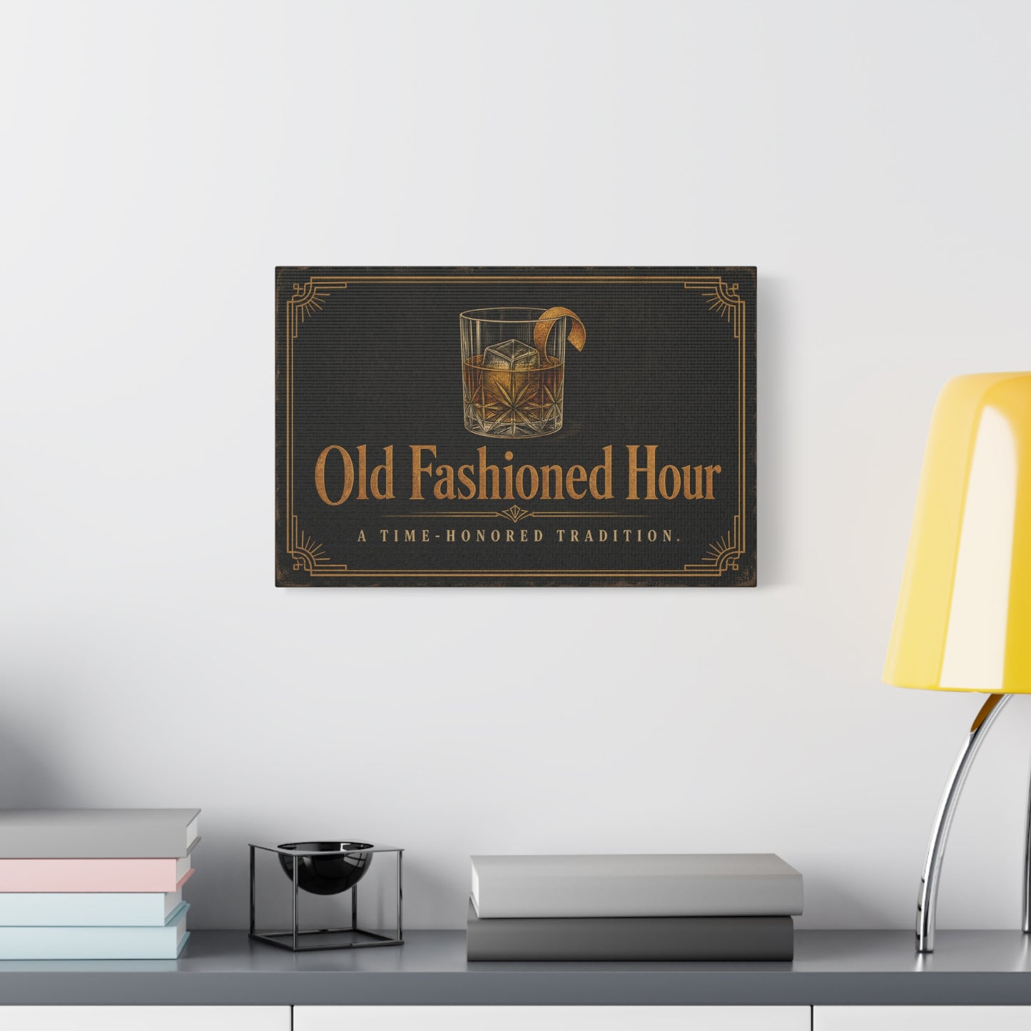 "Old Fashioned Hour" Canvas Wall Art - Vintage Whiskey Glass Quote Print, Art Deco Bar Cart Decor - Matte Cotton Wall Hanging - Speakeasy Lounge Style, Home Bar - Ready to Hang - Cocktail Lounge Decor