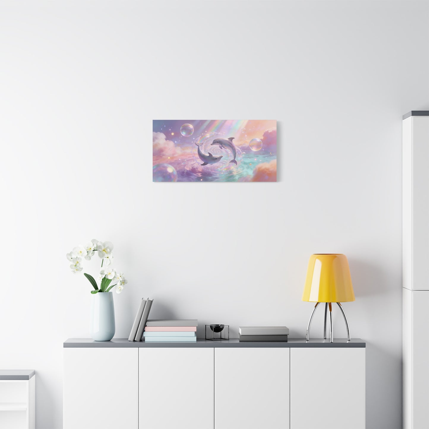Dolphin Canvas Wall Art - Dreamy Ocean Swirl, Pastel Sky And Rainbow Light - Cotton Canvas Print - Whimsical Contemporary Style - Living Room Wall Decor, Bedroom Home Accent - Bedroom Home Decoration