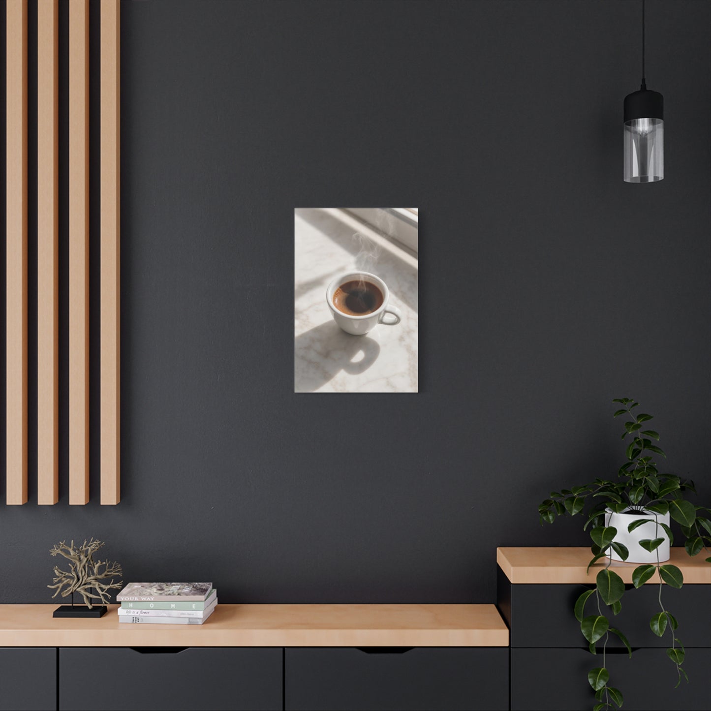 Steaming Espresso Coffee Cup Canvas Wall Art - Minimalist Sunlit Art Print, Matte Cotton Print - Contemporary Kitchen Decor, Dining Room Accent, Cafe Wall Decor, Office Art - Bedroom Home Decoration
