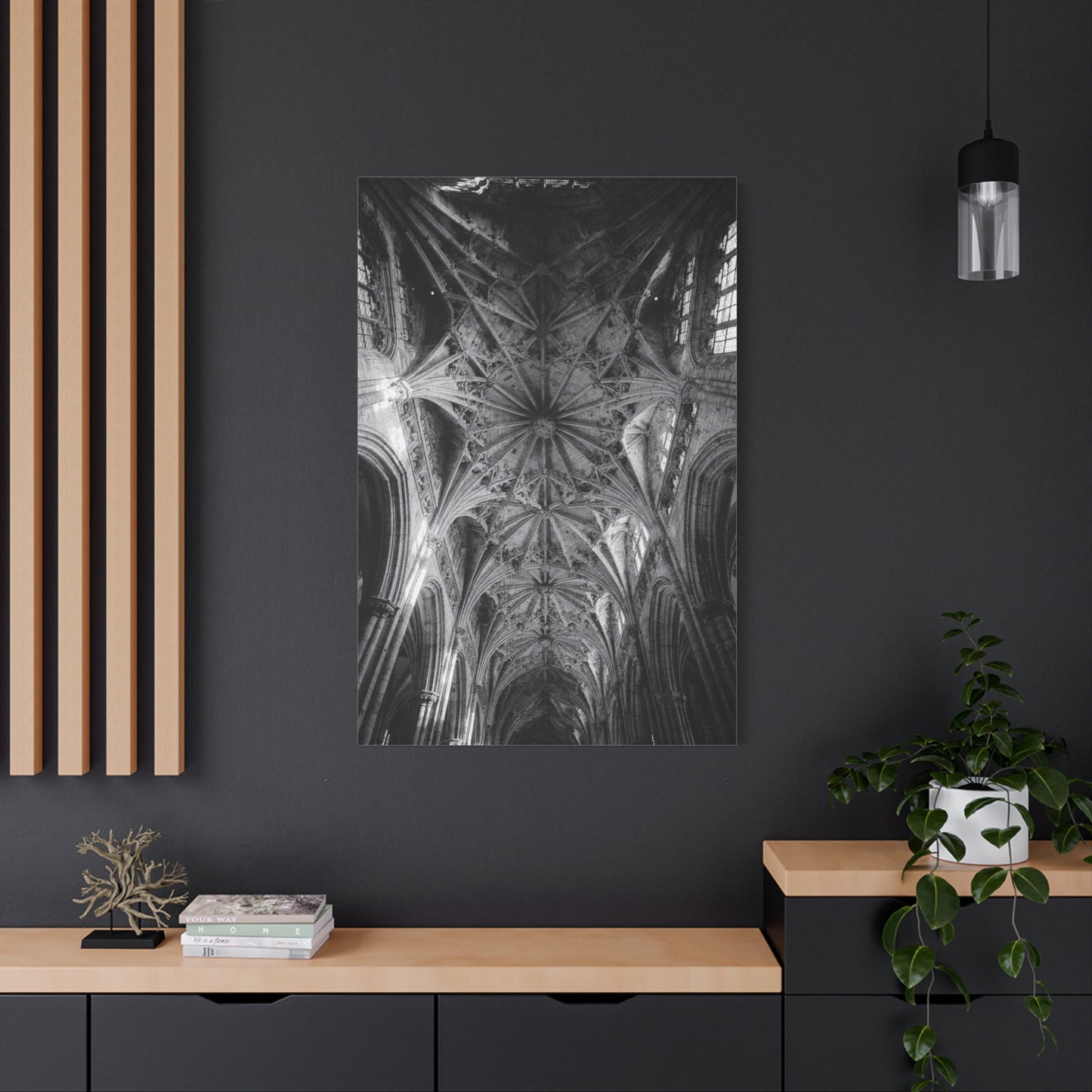 Gothic Cathedral Ceiling Canvas Wall Art - Black And White Architectural Art Print - Vaulted Ribbed Arches, Dramatic Sacred Interior - Modern Living Room Wall Decor - Bedroom Home Decoration