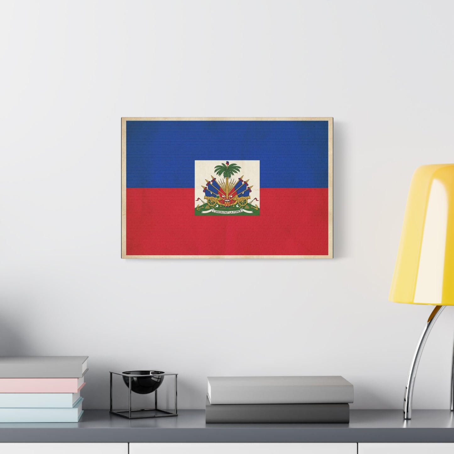 Haiti Flag Canvas Wall Art - Haitian Flag Print With Coat Of Arms, Patriotic Blue Red Banner - Framed Look Matte Canvas - Living Room Wall Decor, Bedroom Home Decoration - Bedroom Home Decoration