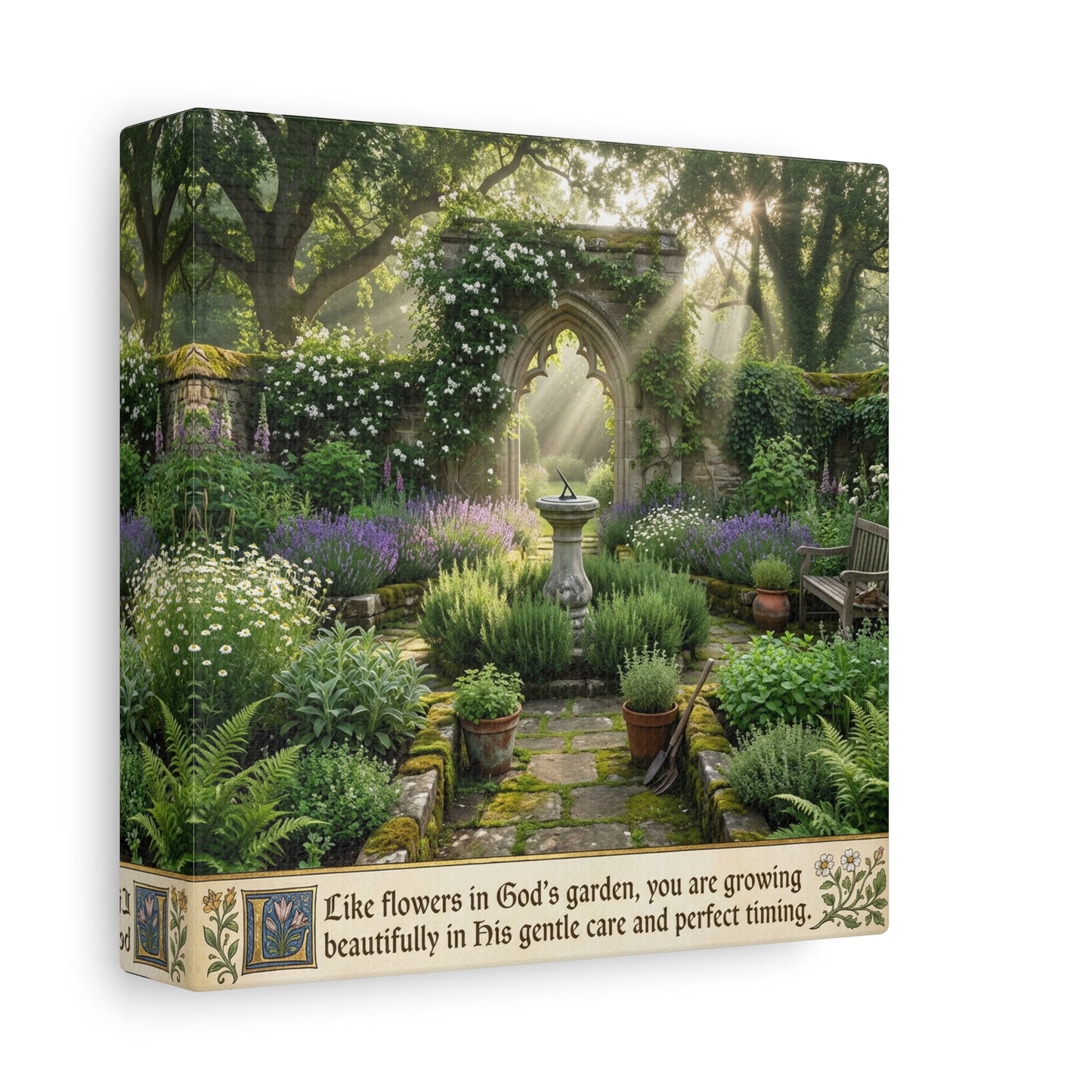 "Like Flowers In God's Garden, You Are Growing Beautifully In His Gentle Care And Divine Timing" Canvas Wall Art - Sunlit Garden Arch, Botanical Landscape Print - Living Room Decor - Office Wall Art