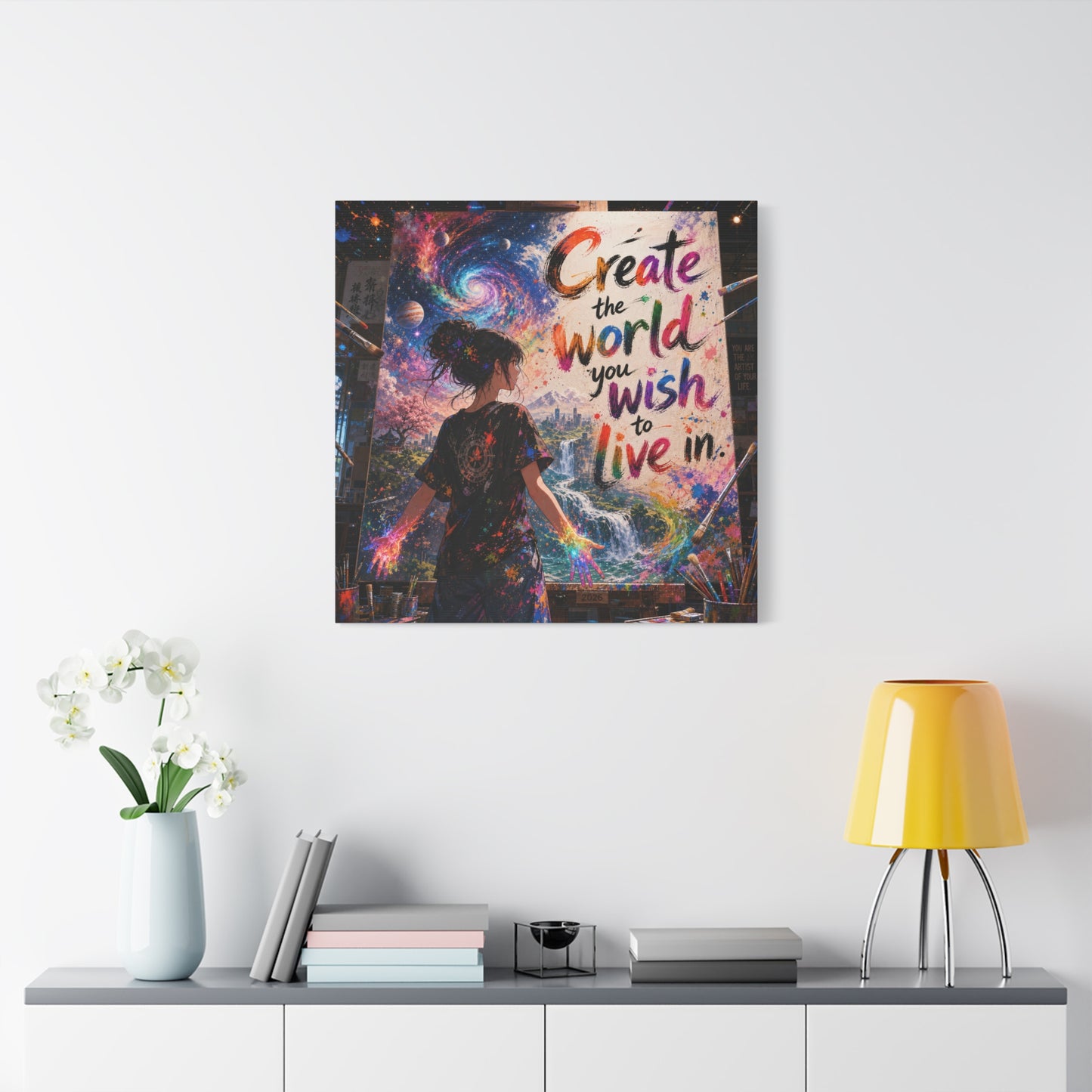 "Create The World You Wish To Live In" Inspirational Canvas Wall Art - Colorful Cosmic Artist Girl Quote Print - Modern Typography Decor - Bedroom Home Decoration, Creative Office Accent