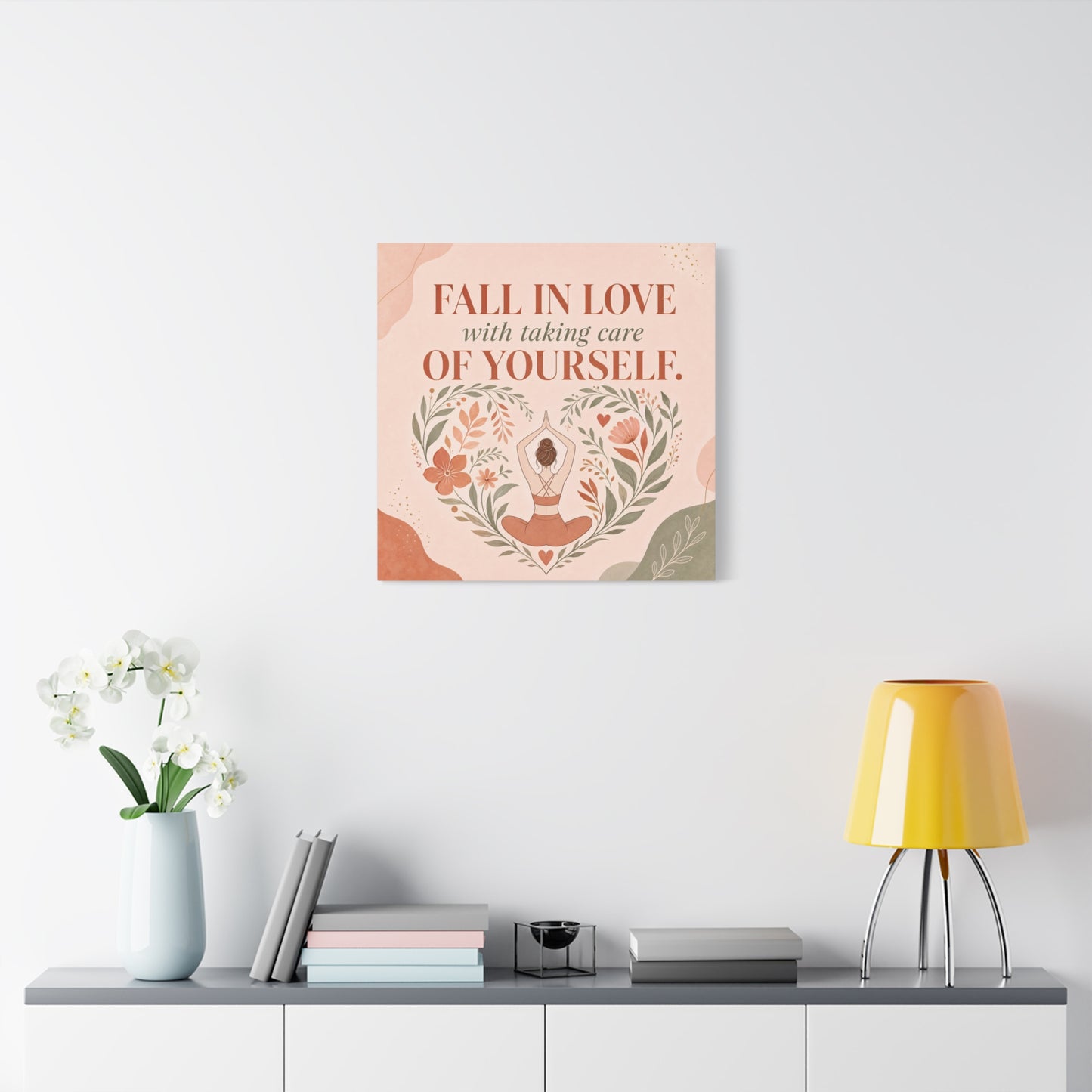 "Fall In Love With Taking Care Of Yourself." Inspirational Canvas Wall Art - Yoga Woman Floral Quote Print - Bohemian Modern Sage Blush Decor - Living Room Wall Decor - Bedroom Home Decoration