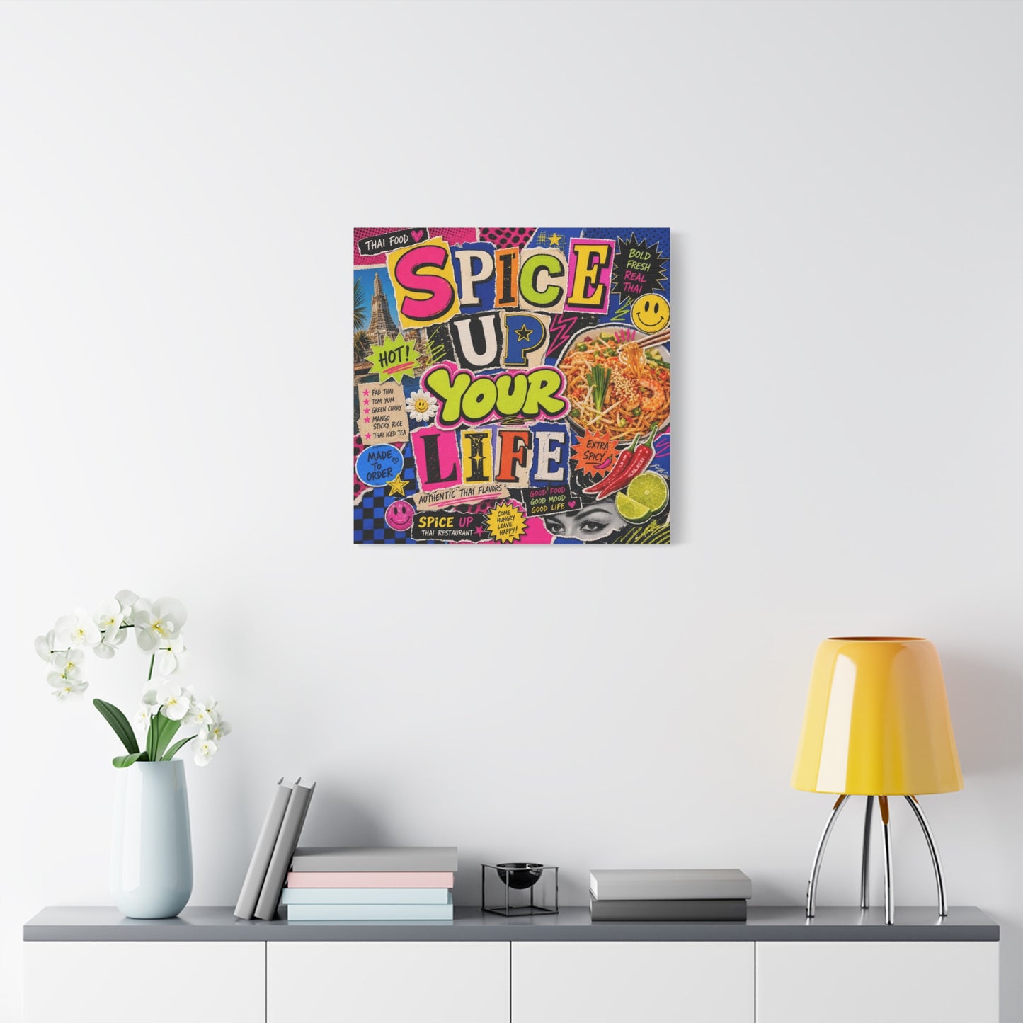 "Spice Up Your Life" Canvas Wall Art - Thai Food Pop Art Collage, Typography Print, Neon Color Street Poster Style, Cafe Decor, Dining Room Accent, Kitchen Wall Hanging, Contemporary - Ready to Hang