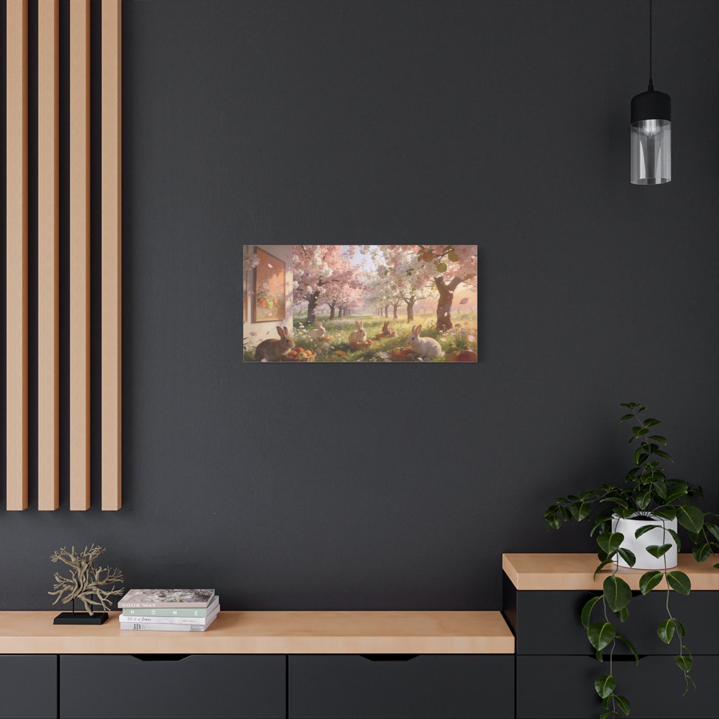 Cherry Blossom Rabbit Canvas Wall Art - Spring Orchard Bunnies, Apple Basket Meadow Scene - Matte Cotton Print, Pastel Floral Style - Bedroom Wall Decor, Nursery Home Decoration - Ready to Hang