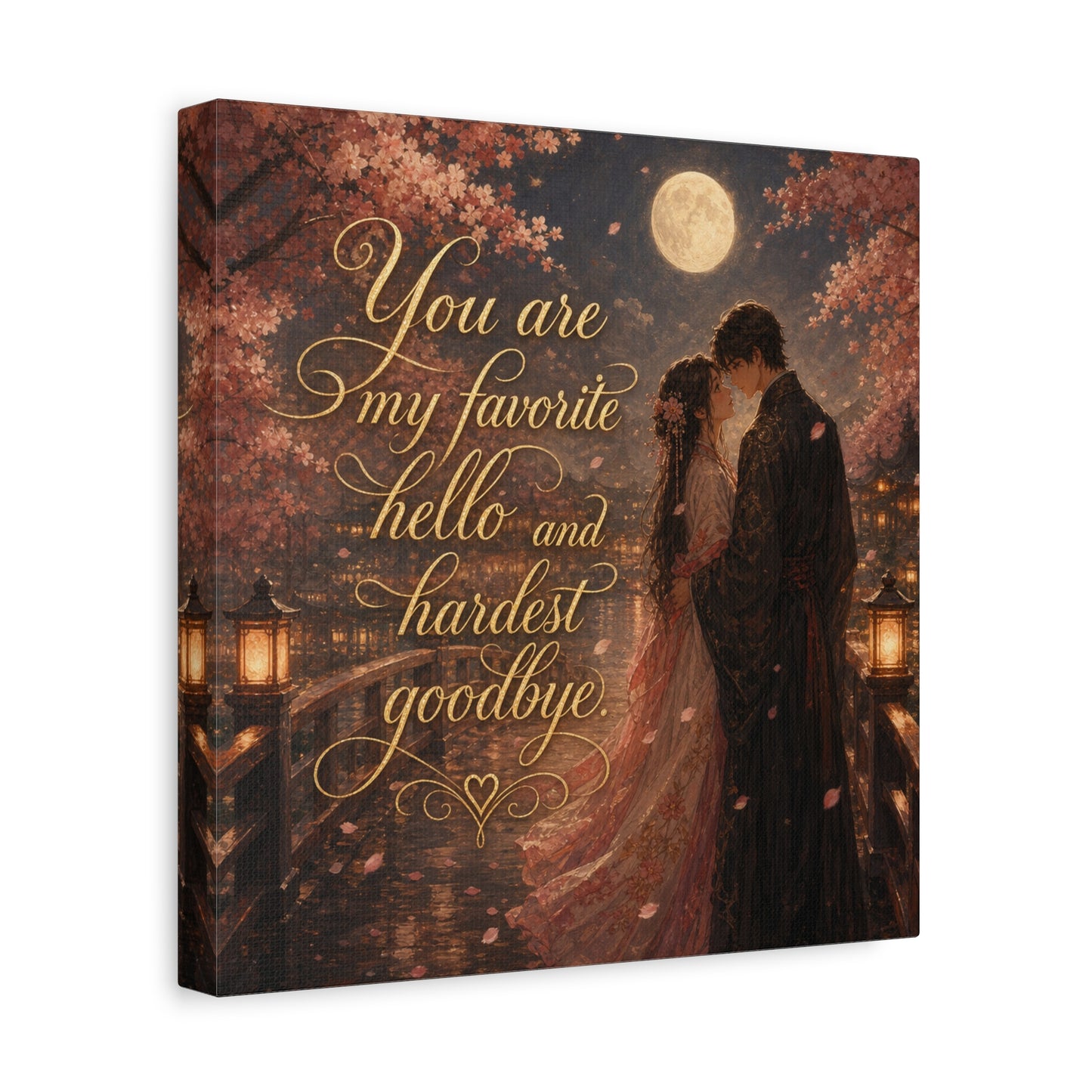 "You Are My Favorite Hello And Hardest Goodbye" Romantic Canvas Wall Art - Moonlit Cherry Blossom Couple, Gold Script Quote Print - Traditional Love Decor, Bedroom Wall Hanging - Cozy Reading Nook Art