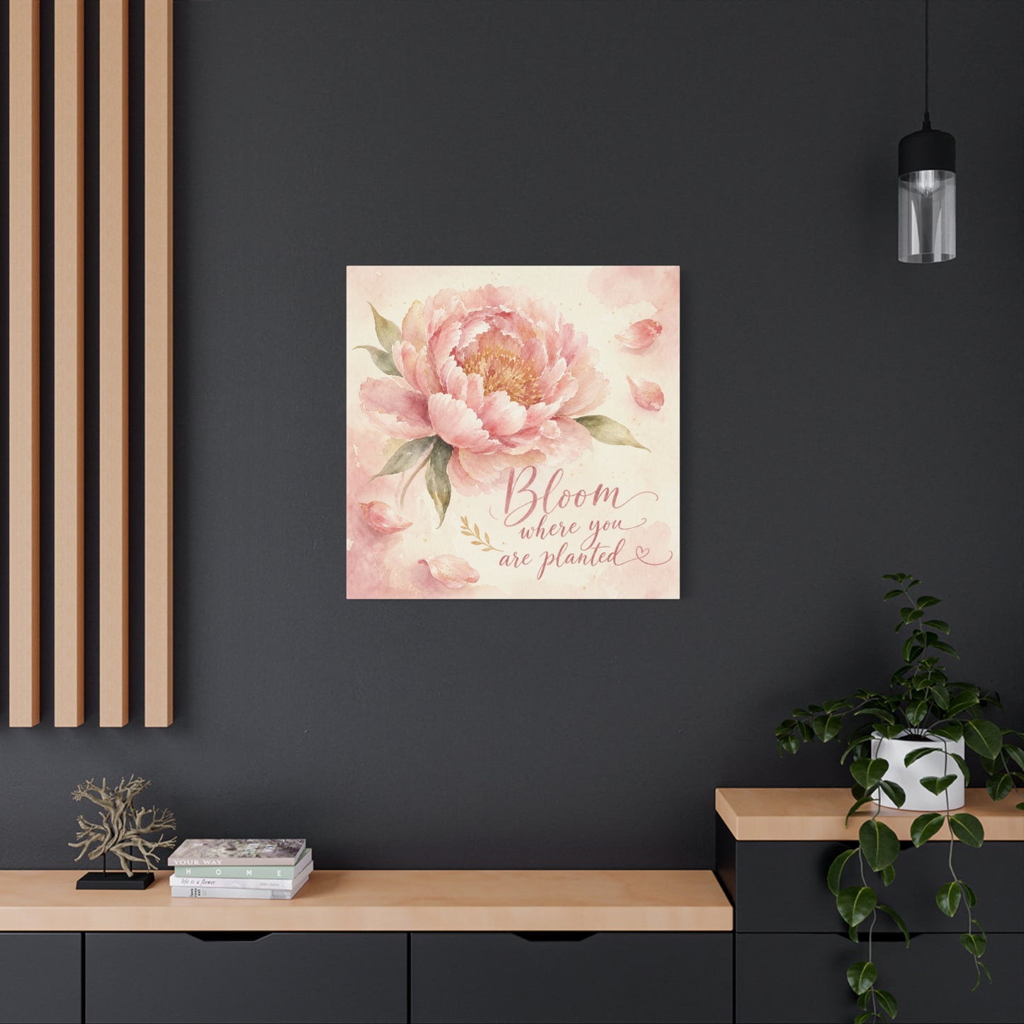 "Bloom Where You Are Planted" Peony Canvas Wall Art - Pink Watercolor Floral Quote Print, Soft Botanical Decor, Bedroom Wall Hanging, Feminine Farmhouse Style - Bedroom Home Decoration - Ready to Hang