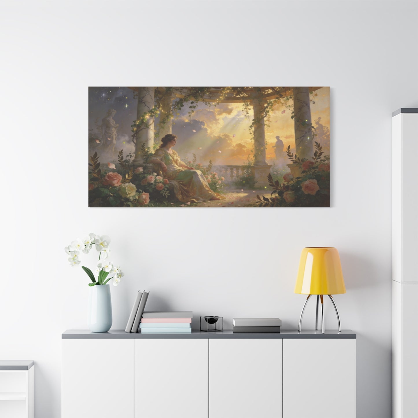Classical Garden Woman Canvas Wall Art - Rose Pergola Sunset Scene, Romantic Fantasy Painting - Matte Cotton Art Print - Bedroom Wall Decor, Living Room Home Decoration - Bedroom Home Decoration