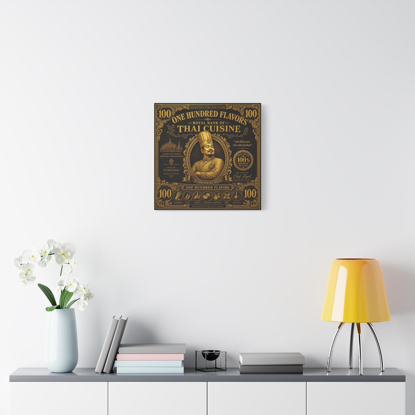 "One Hundred Flavors" Thai Cuisine Canvas Wall Art - Vintage Gold Chef Portrait, Typography Poster Print, Ornate Bangkok Illustration - Restaurant Decor, Dining Room Accent, Cafe Wall Decor