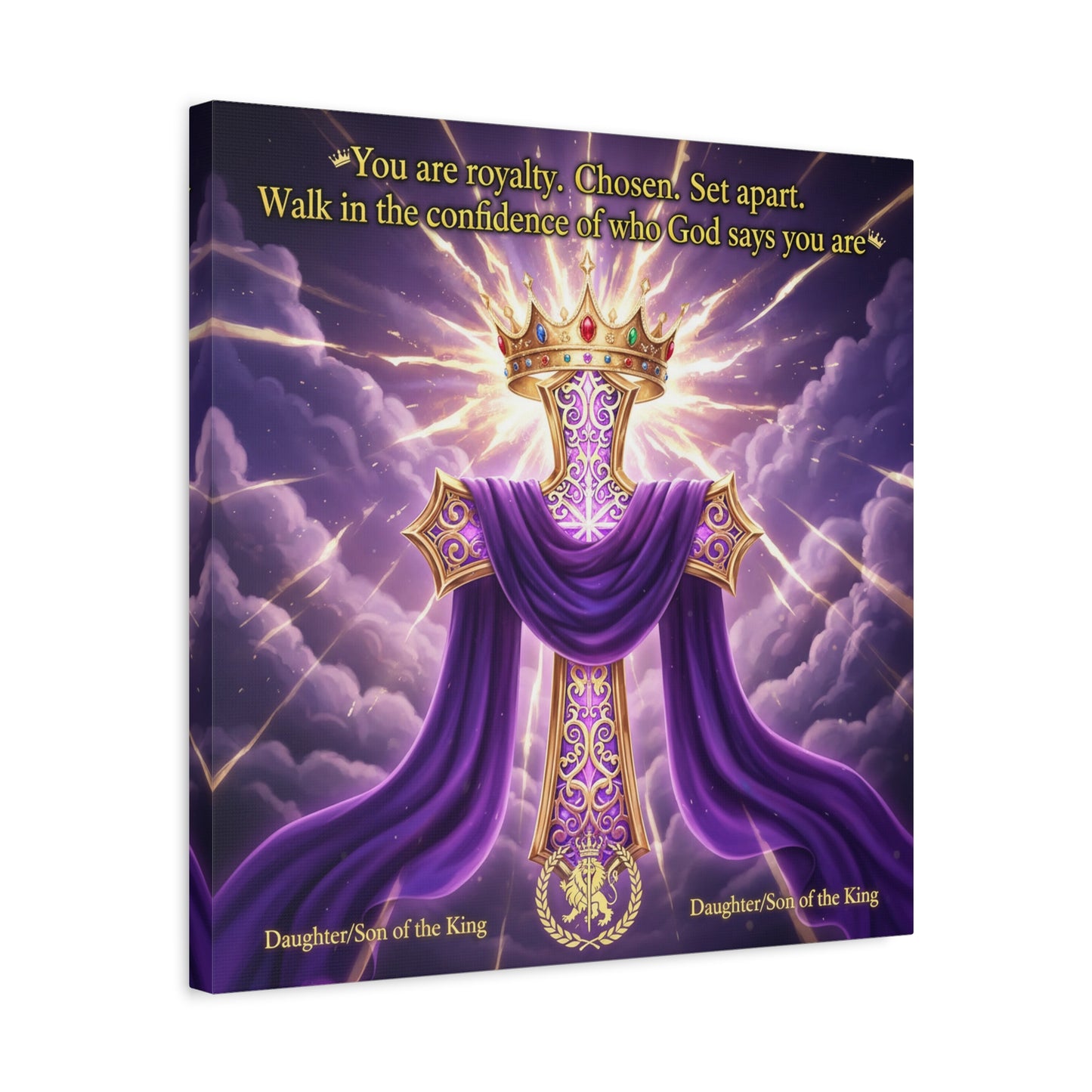 "You Are Royalty. Chosen. Set Apart." Christian Canvas Wall Art - Crowned Cross With Purple Draped Cloth, Daughter Son Of The King Quote - Religious Wall Decor For Bedroom, Office - Ready to Hang