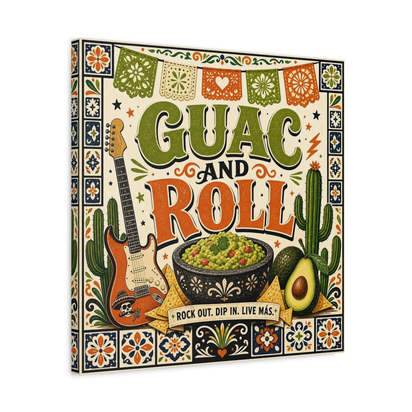 "Guac And Roll" Typography Canvas Wall Art - Fiesta Guitar, Cactus, Avocado Folk Illustration - Bohemian Rustic Style - Kitchen Wall Decor, Dining Room Accent, Cafe Wall Decor - Modern Farmhouse Style