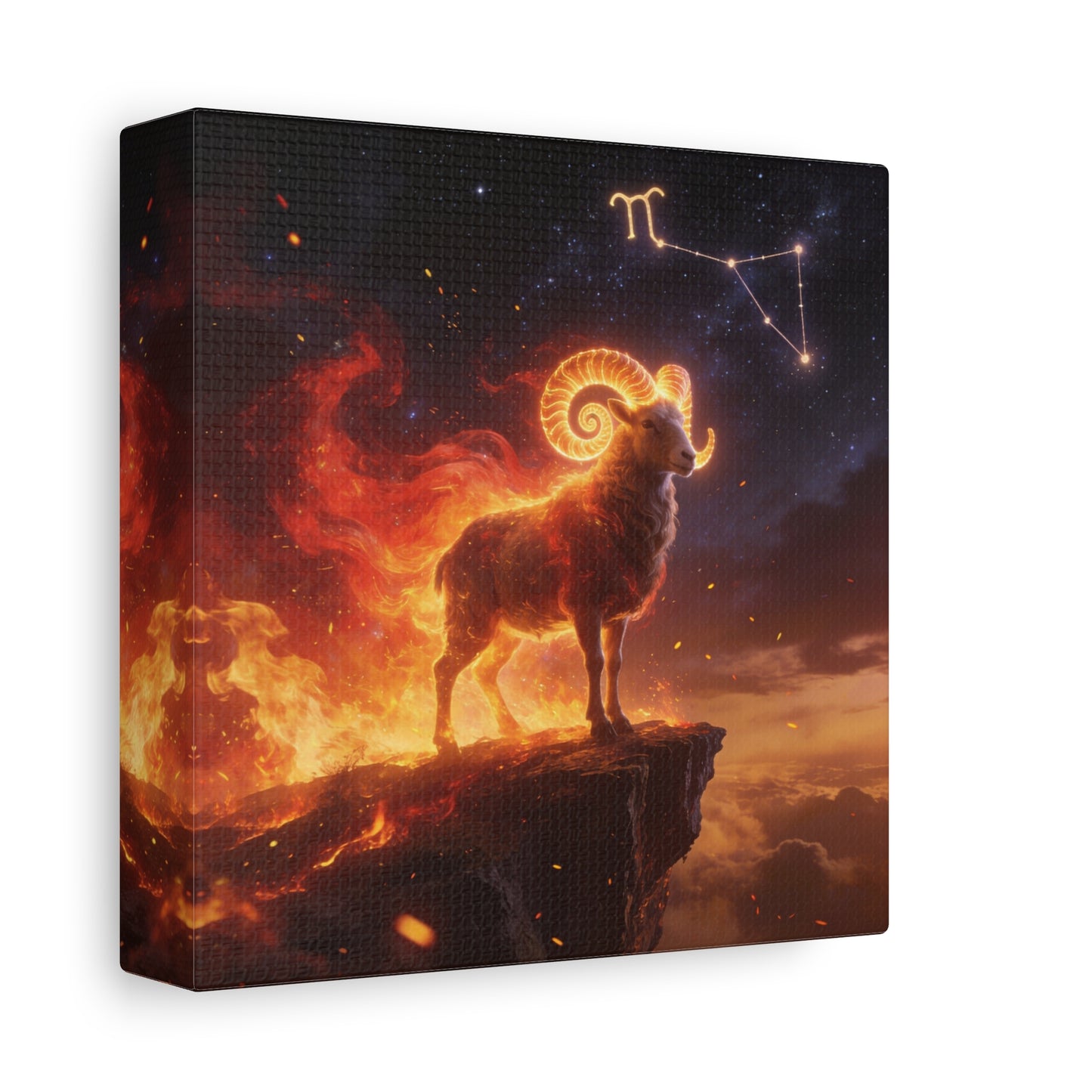 Aries Ram Canvas Wall Art - Fiery Zodiac Constellation Celestial Animal Print - Glowing Horns, Cosmic Night Sky - Contemporary Fantasy Style - Bedroom Home Decoration Office Wall Art - Ready to Hang