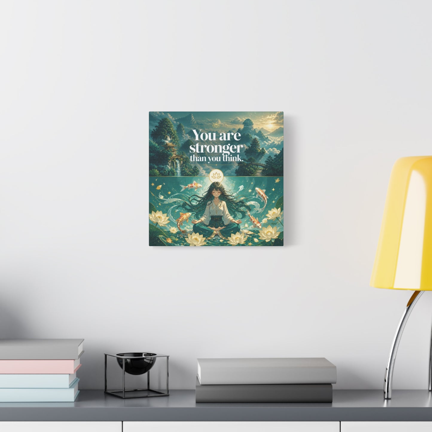 "You Are Stronger Than You Think." Inspirational Canvas Wall Art - Meditating Girl, Koi Fish, Lotus Lake - Zen Fantasy Landscape - Bedroom Wall Decor, Meditation Space, Jellyfish Room Decor