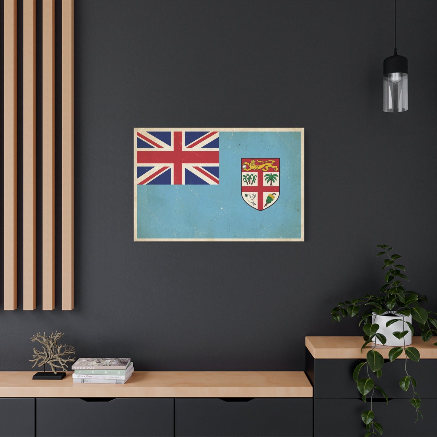 Vintage Fiji Flag Canvas Wall Art - Distressed British Ensign And Shield Print - Retro Patriotic Decor, Coastal Blue Island Style, Living Room Wall Decor, Office Art - Ready to Hang - Ready to Hang
