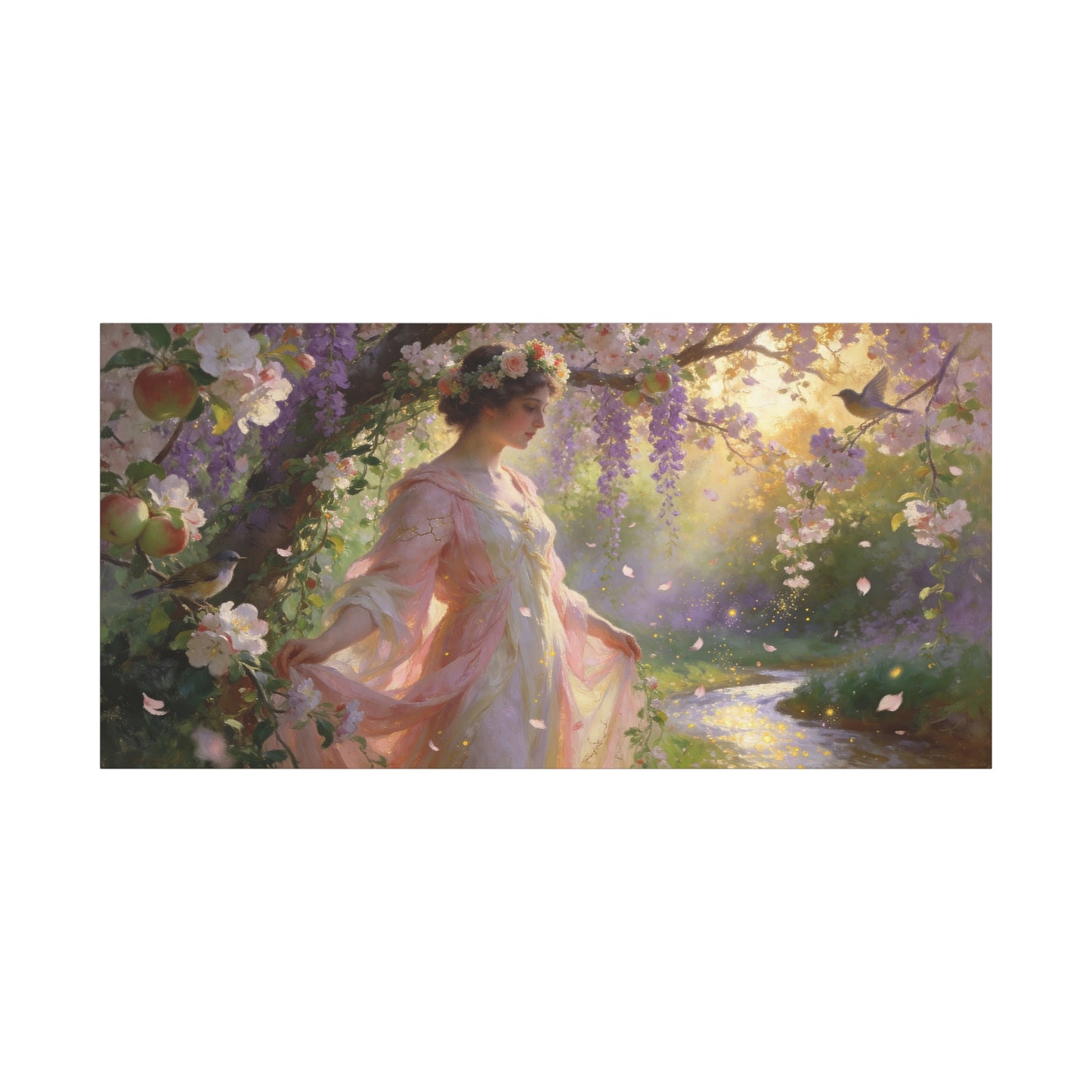 Romantic Garden Maiden Canvas Wall Art - Floral Orchard Figure, Wisteria Blossoms, Songbirds - Impressionist Cotton Canvas Print - Vintage Style Living Room Wall Decor Bedroom Accent - Ready to Hang