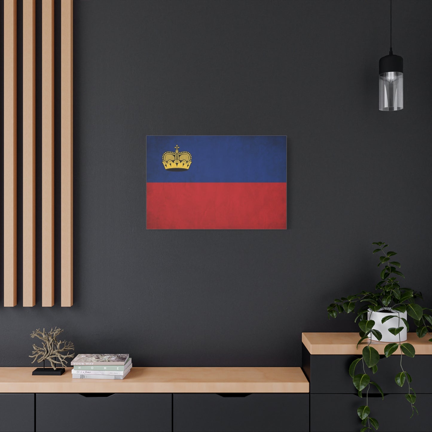 Liechtenstein Flag Canvas Wall Art - Blue Red Banner With Gold Crown - Minimalist National Print, Cotton Canvas Decor - Living Room Wall Decor, Bedroom Home Decoration - Bedroom Home Decoration