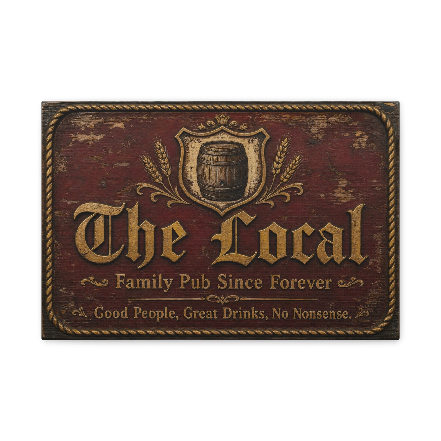 "The Local" Vintage Pub Canvas Wall Art - Rustic Tavern Sign, Barrel Crest Typography - Distressed Wood Look, Traditional Style - Bar Room Decor, Man Cave Accent, Restaurant Wall Hanging