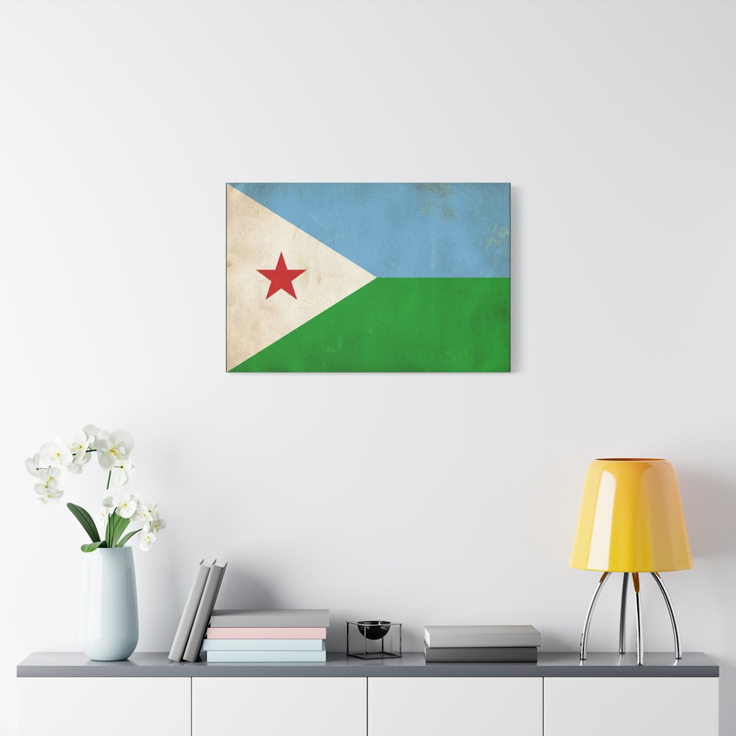 Djibouti Flag Canvas Wall Art - Vintage National Banner Print, Patriotic Home Decor - Distressed Blue Green White Red Star Design - Living Room Decoration - Living Room Wall Decor - Ready to Hang
