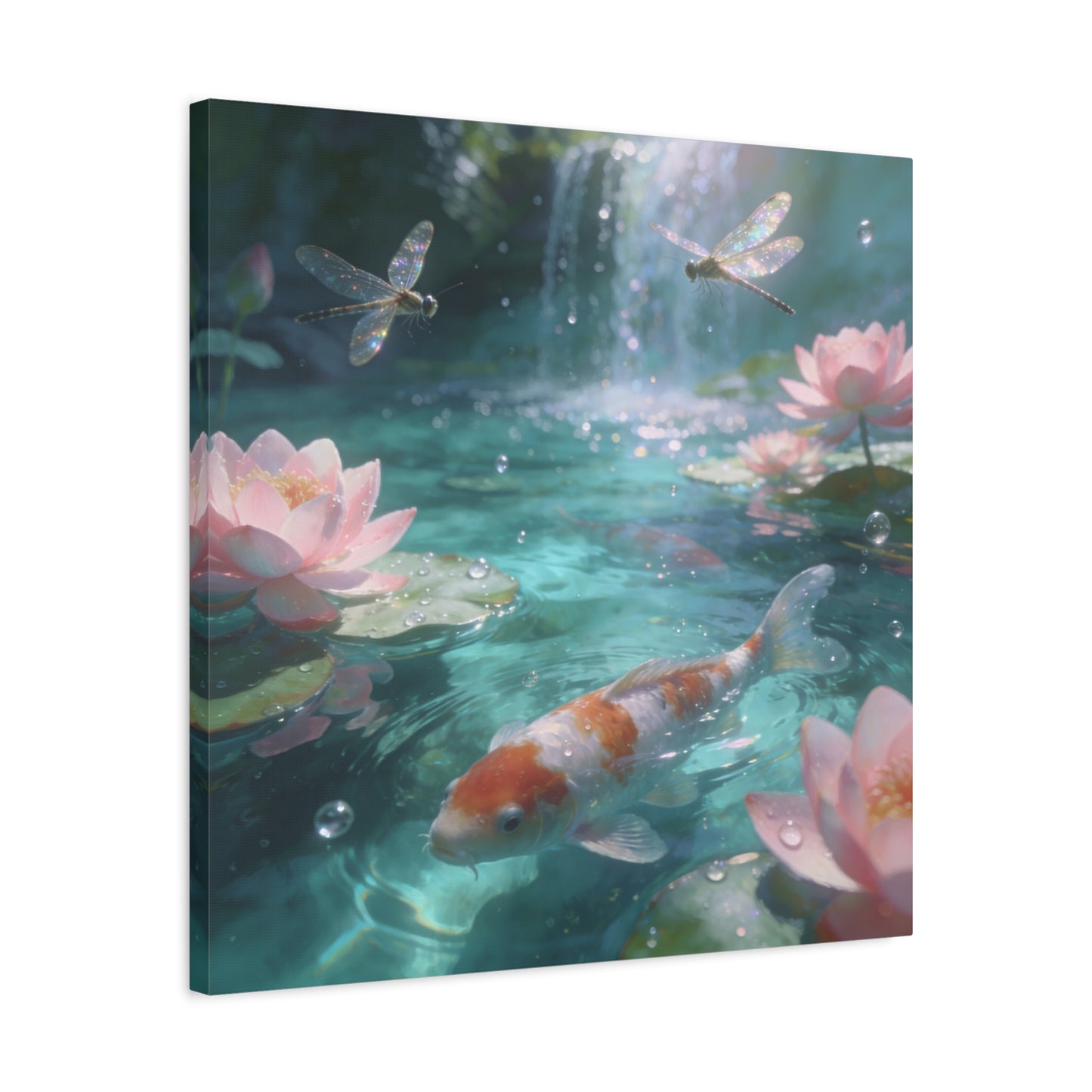 Koi Fish Lotus Canvas Wall Art - Dragonflies Over Teal Pond Water, Pink Water Lily Floral Scene - Dreamy Matte Canvas Print - Bedroom Wall Decor, Living Room Home Accent - Bedroom Home Decoration