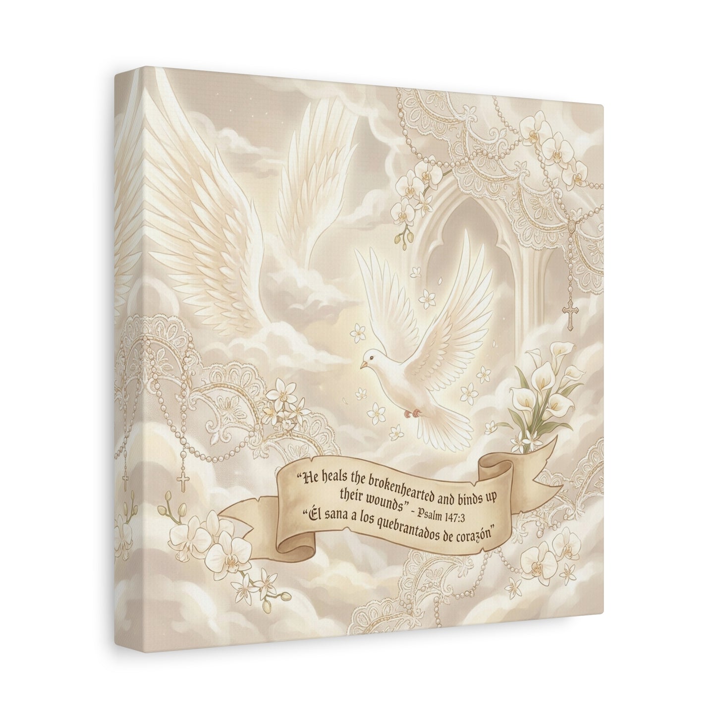 "He Heals The Brokenhearted And Binds Up Their Wounds" Canvas Wall Art - Dove, Cross, Psalm 147:3 Scripture Print - Beige Floral Christian Decor - Bedroom Living Room Home Decoration - Office Wall Art