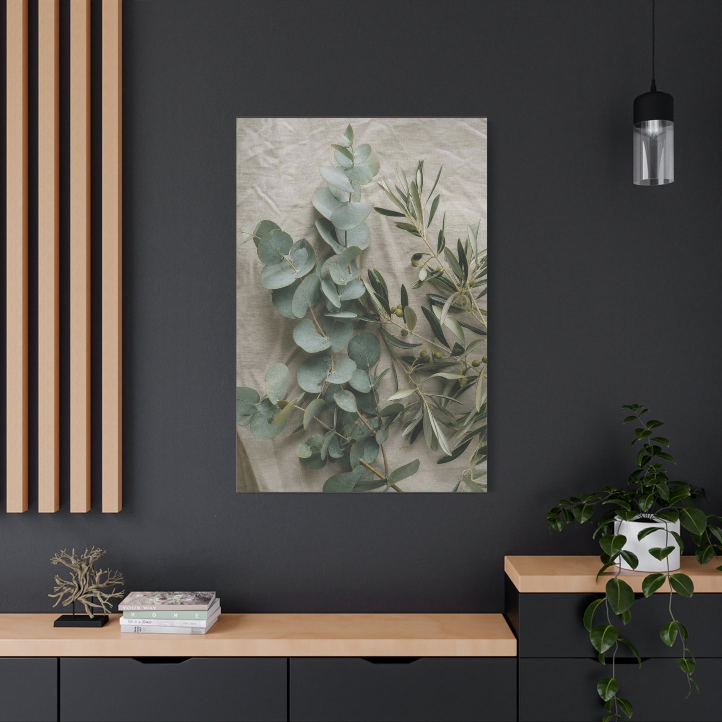 Eucalyptus And Olive Branch Canvas Wall Art - Botanical Still Life, Soft Sage Beige Tones - Matte Cotton Print, Minimalist Traditional Style - Bedroom Decoration, Spa Accent - Living Room Wall Decor