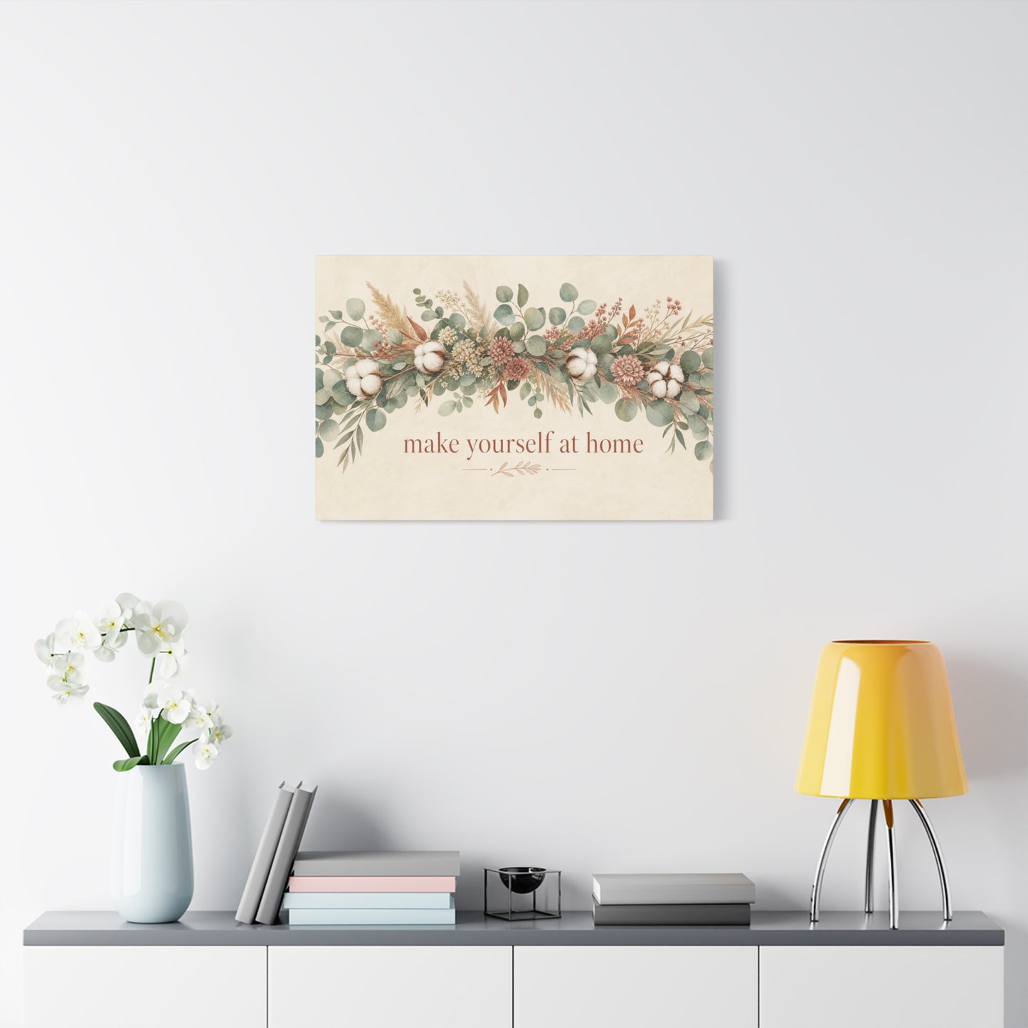"Make Yourself At Home" Botanical Canvas Wall Art - Eucalyptus Cotton Stem Floral Quote Print - Rustic Farmhouse Style - Living Room Wall Decor - Modern Farmhouse Style - Bedroom Home Decoration