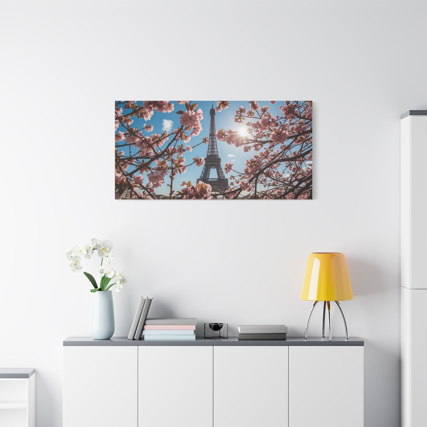 Eiffel Tower Canvas Wall Art Paris Cherry Blossom Art Print - Sunlit Spring Floral Cityscape - Matte Cotton Decor - Bedroom Home Decoration, Living Room Wall Decor - Bedroom Home Decoration
