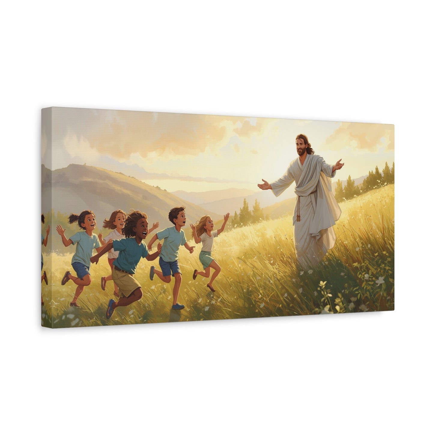 Jesus Christ With Children Canvas Wall Art - Golden Meadow Landscape, Christian Home Decor Print - Matte Cotton Canvas - Traditional Style For Living Room Bedroom Office - Living Room Wall Decor