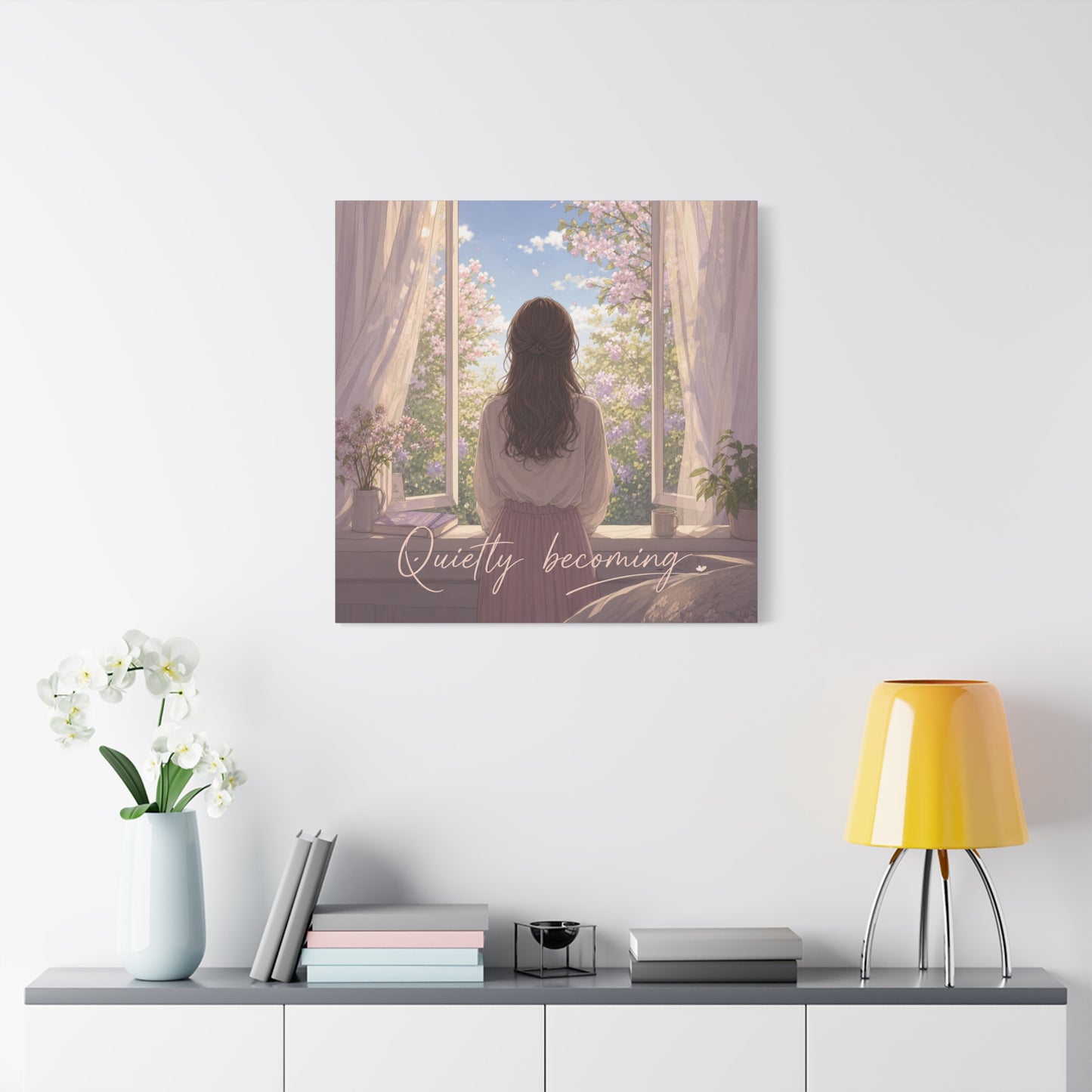 "Quietly Becoming" Girl At Window Canvas Wall Art - Cherry Blossom Bedroom Decor, Soft Pastel Inspirational Print, Dreamy Feminine Room Decoration - Bedroom Home Decoration - Living Room Wall Decor