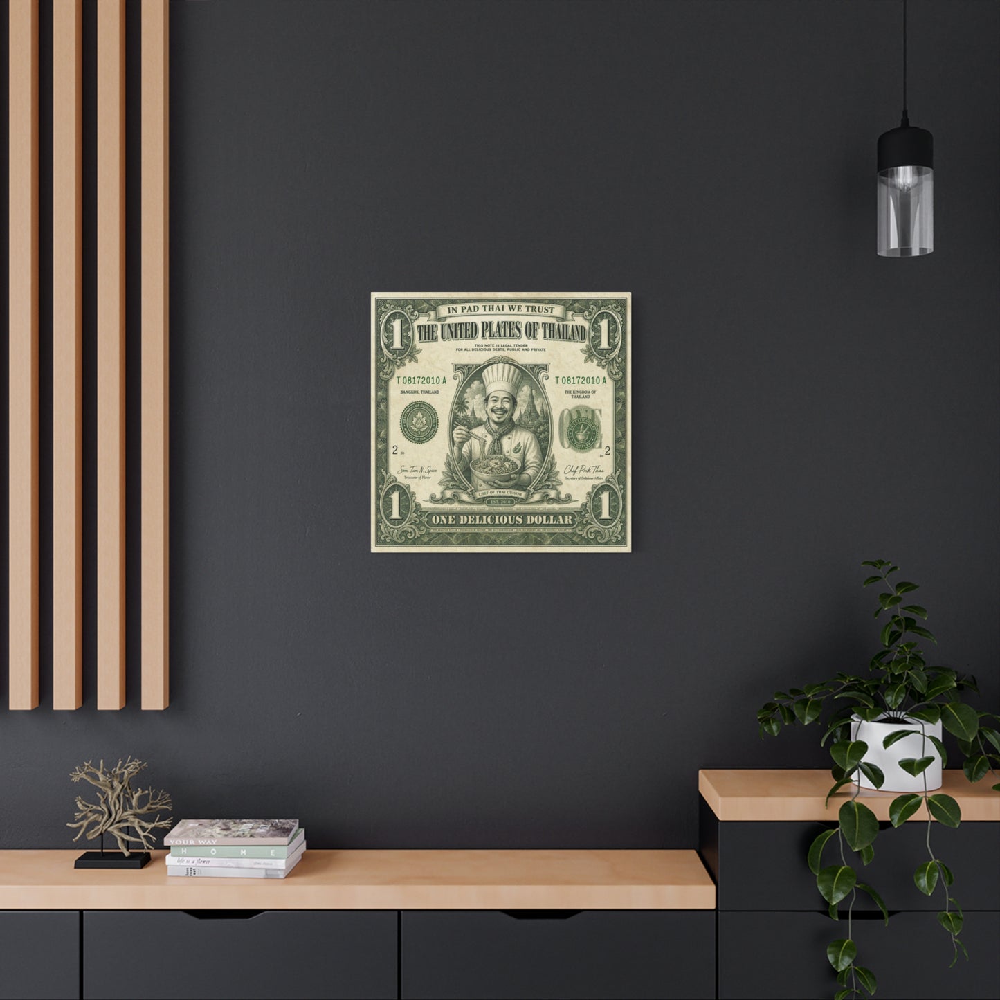 "In Pad Thai We Trust" Typography Canvas Wall Art - Vintage Thai Currency Illustration, Chef Portrait, Bangkok Thailand Food Poster Style - Kitchen Wall Decor, Dining Room Accent - Ready to Hang