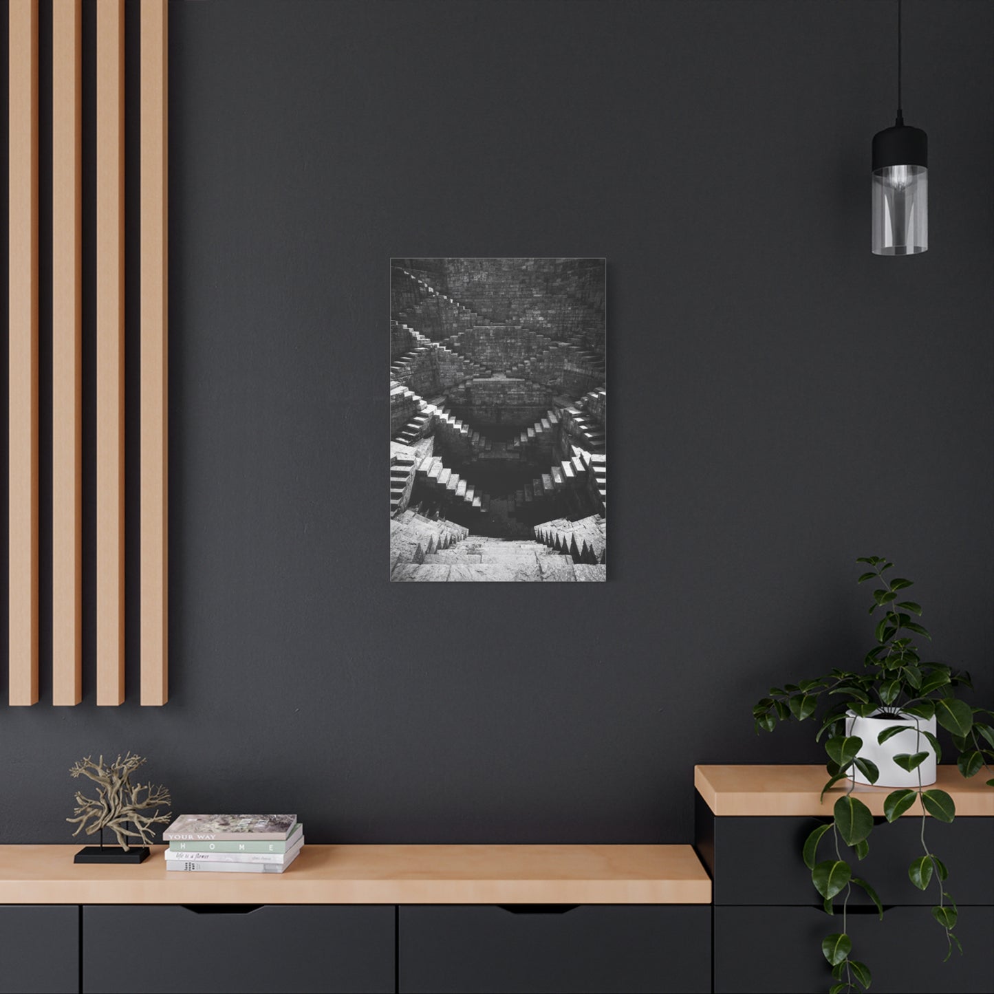 Black And White Stepwell Canvas Wall Art - Architectural Staircase Art Print, Moody Monochrome Stone Geometry - Contemporary Wall Decor For Living Room, Office, Entryway - Ready to Hang