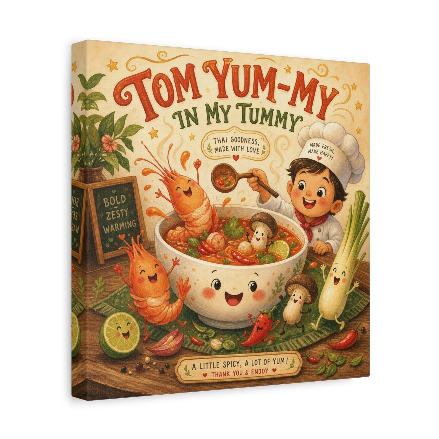 "Tom Yum-My In My Tummy" Canvas Wall Art - Cute Thai Soup Chef Illustration, Whimsical Kitchen Decor - Matte Cotton Canvas Print - Vintage Style Dining Room Wall Decor - Bedroom Home Decoration