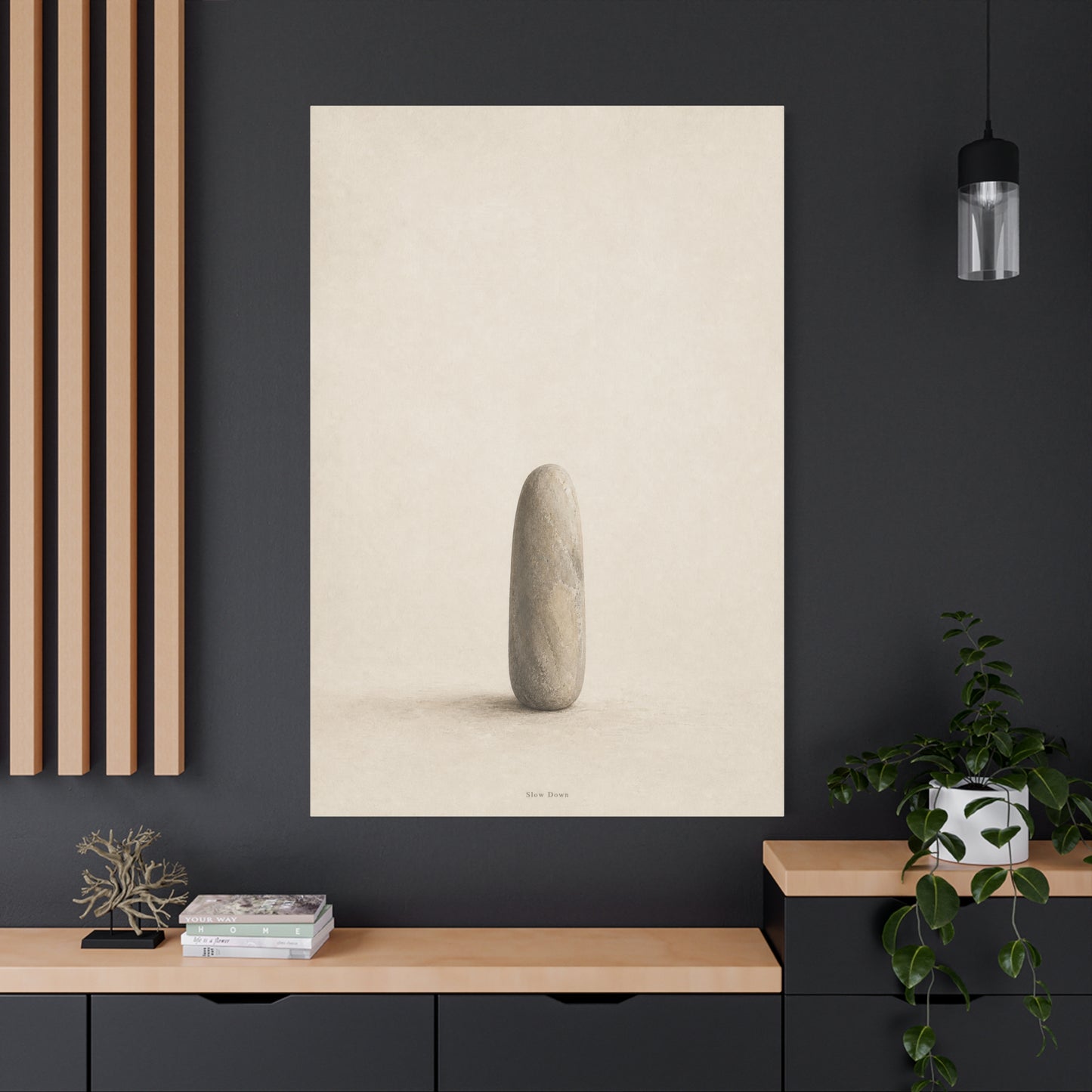 "Slow Down" Minimalist Stone Canvas Wall Art - Neutral Zen Still Life Decor - Contemporary Beige Meditation Print - Bedroom Living Room Decoration - Living Room Wall Decor - Bedroom Home Decoration