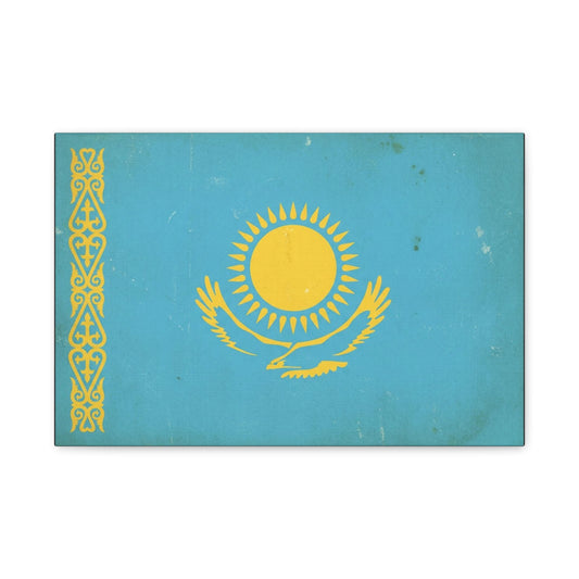 Kazakhstan Flag Canvas Wall Art - Blue And Gold Sun Eagle Emblem, Vintage Nation Print - Matte Cotton Artwork, Patriotic Living Room Wall Decor, Office Art Accent Style - Bedroom Home Decoration