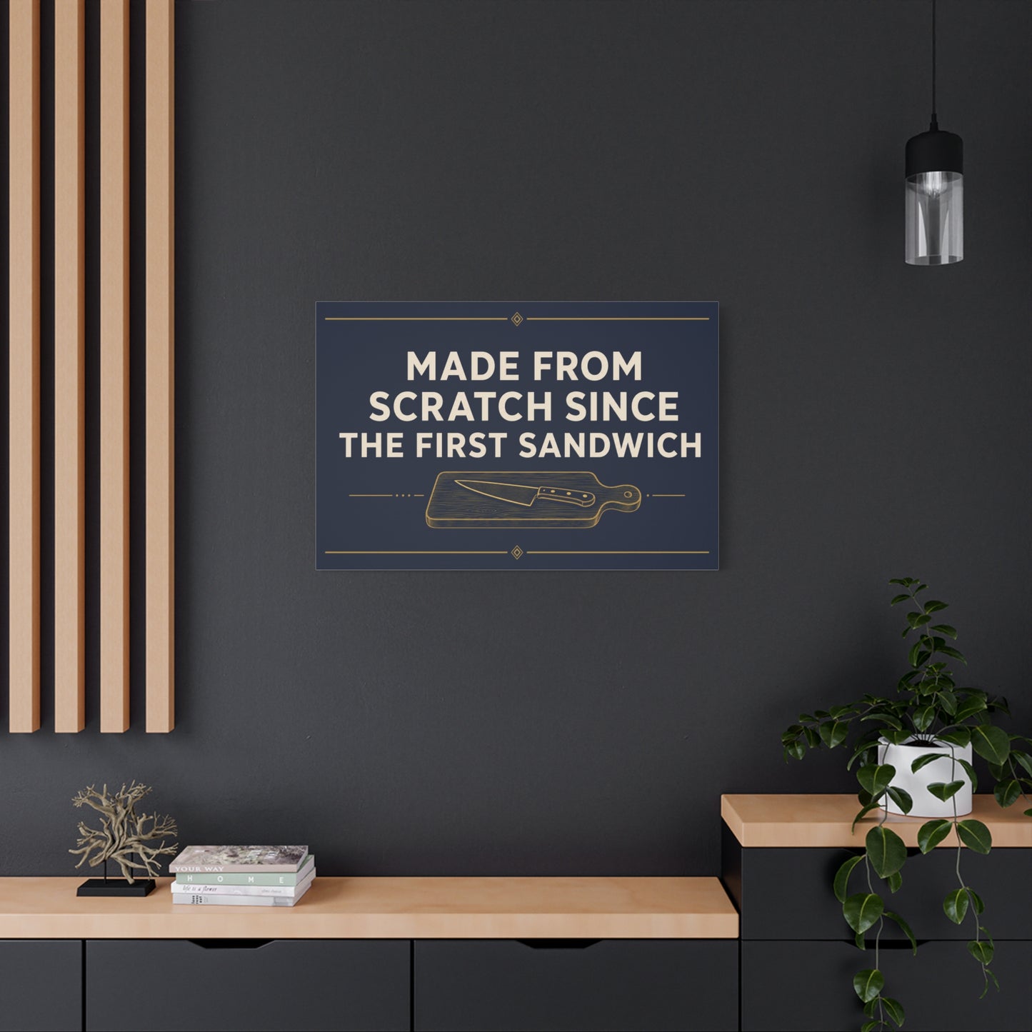 "Made From Scratch Since The First Sandwich" Canvas Wall Art - Quote Print, Navy And Gold Typography, Cutting Board Knife Illustration, Farmhouse Decor - Deli Wall Decor - Sandwich Shop Sign