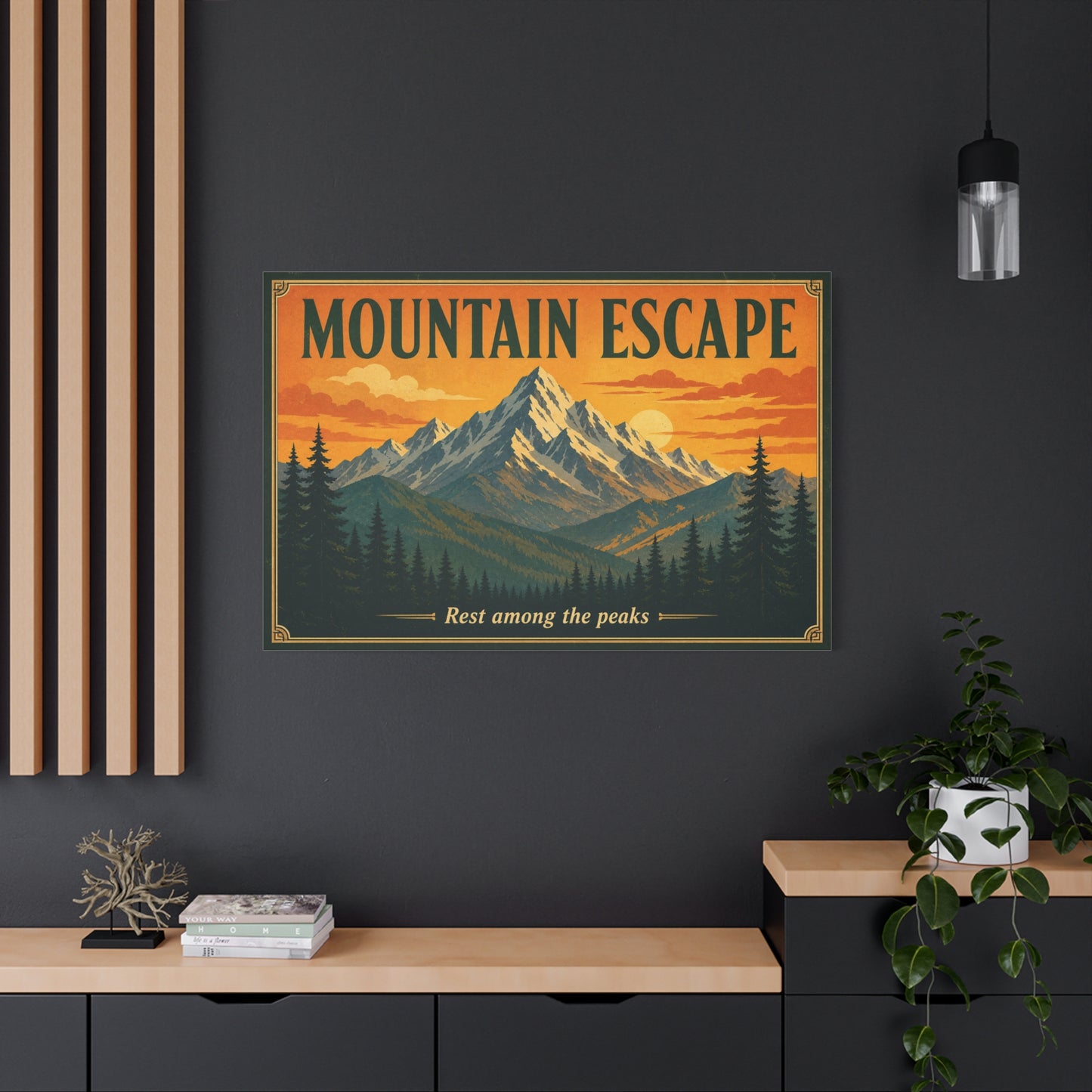 "Mountain Escape" Canvas Wall Art - Vintage Mountain Landscape Print, Sunset Pine Forest Poster Style - "Rest Among The Peaks" - Rustic Cabin Wall Decor, Living Room Home Accent - Ready to Hang