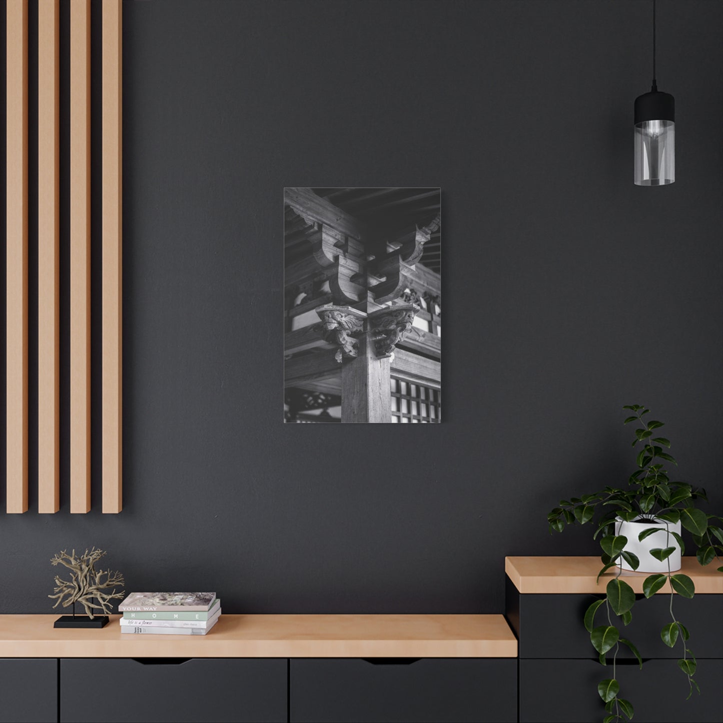 Japanese Temple Architecture Canvas Wall Art - Black And White Wooden Carved Bracket Art Print - Traditional Zen Style - Living Room Wall Decor, Bedroom Home Decoration - Bedroom Home Decoration