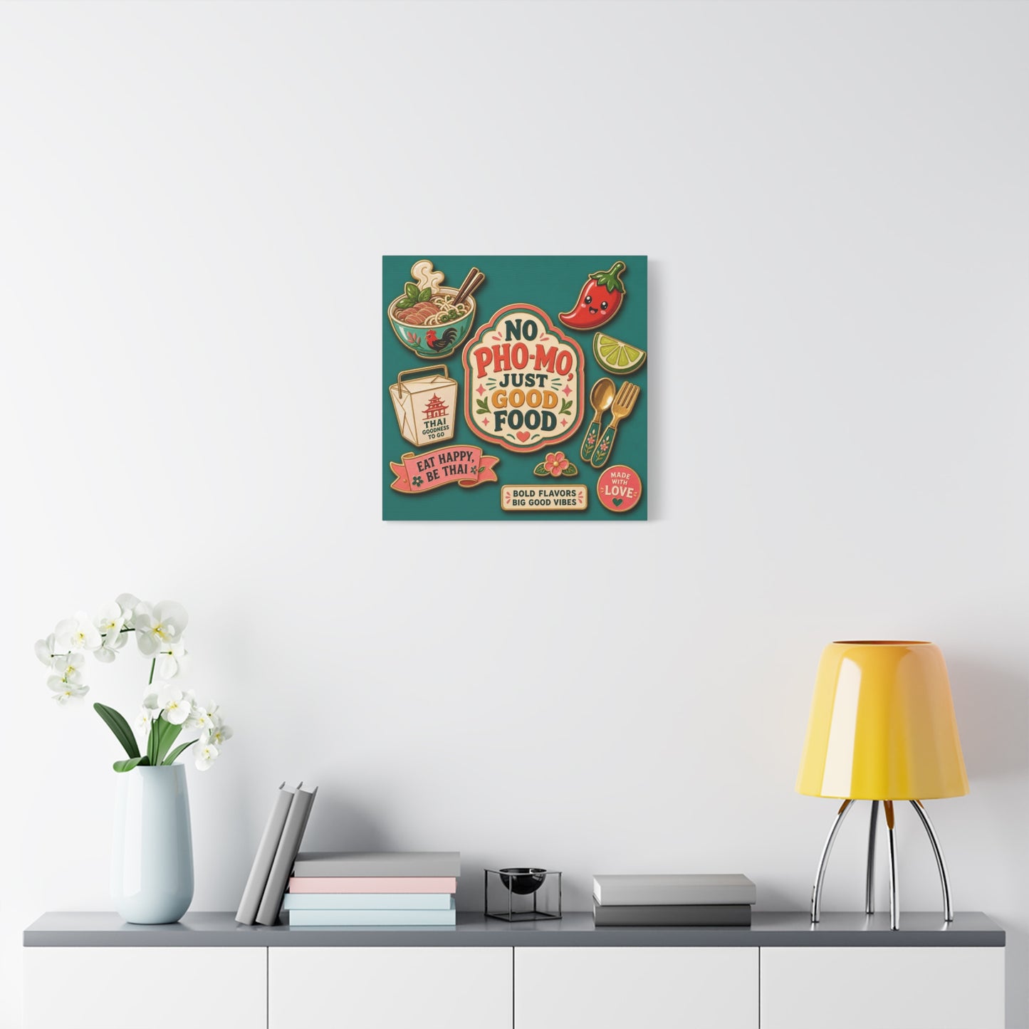 "No Pho-Mo Just Good Food" Canvas Wall Art - Thai Food Quote Kitchen Decor - Colorful Illustration Print, Retro Typography Style - Dining Room Accent, Cafe Wall Decor - Bedroom Home Decoration