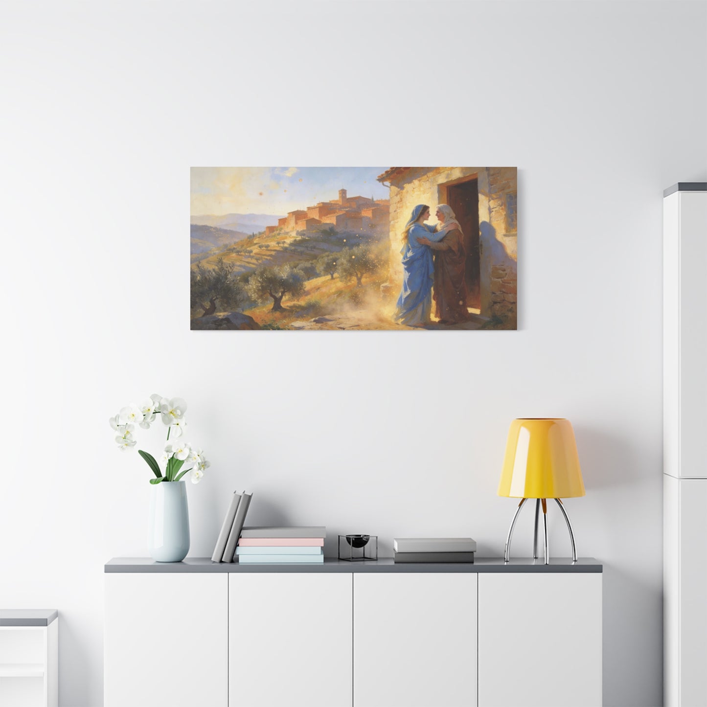 Virgin Mary Visitation Canvas Wall Art - Religious Biblical Village Scene, Golden Light Painting - Christian Home Decor, Traditional Style - Living Room Wall Decor Bedroom Decoration - Ready to Hang