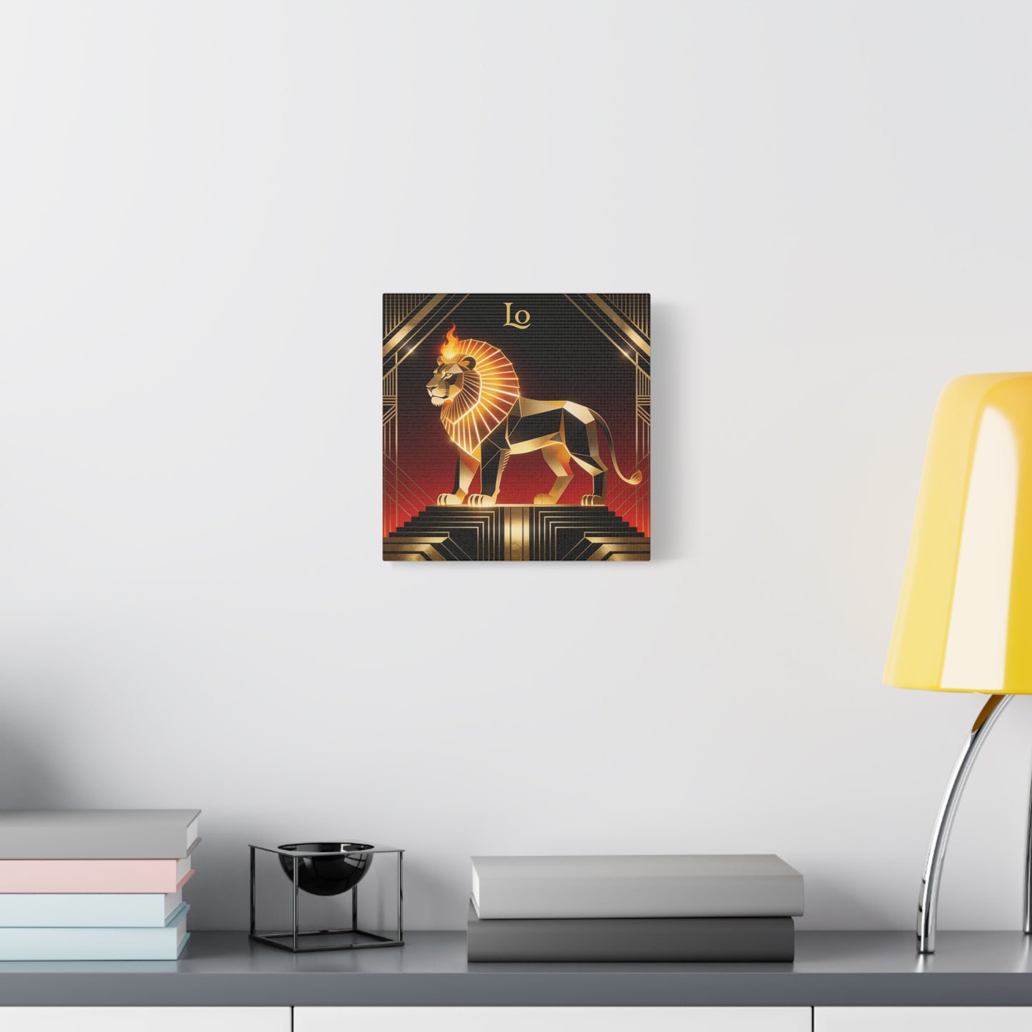 "Lo" Geometric Lion Canvas Wall Decor - Art Deco Gold Black Red Animal Print - Flaming Mane Illustration, Modern Luxe Interior Accent, Living Room Home Decoration - Living Room Wall Decor