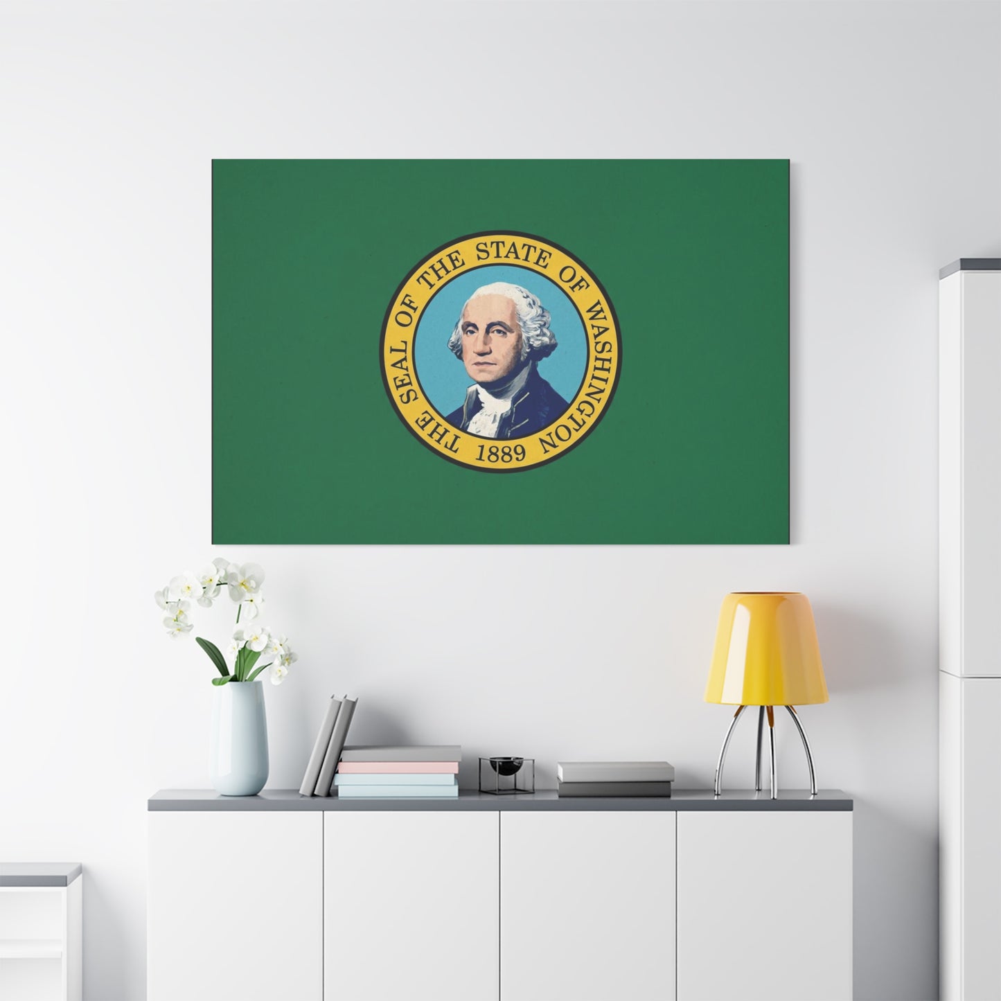 "THE SEAL OF THE STATE OF WASHINGTON 1889" Flag Canvas Wall Art - George Washington State Pride Decor - Green Gold Historic Print - Living Room Home Decoration, Office Wall Accent - Ready to Hang