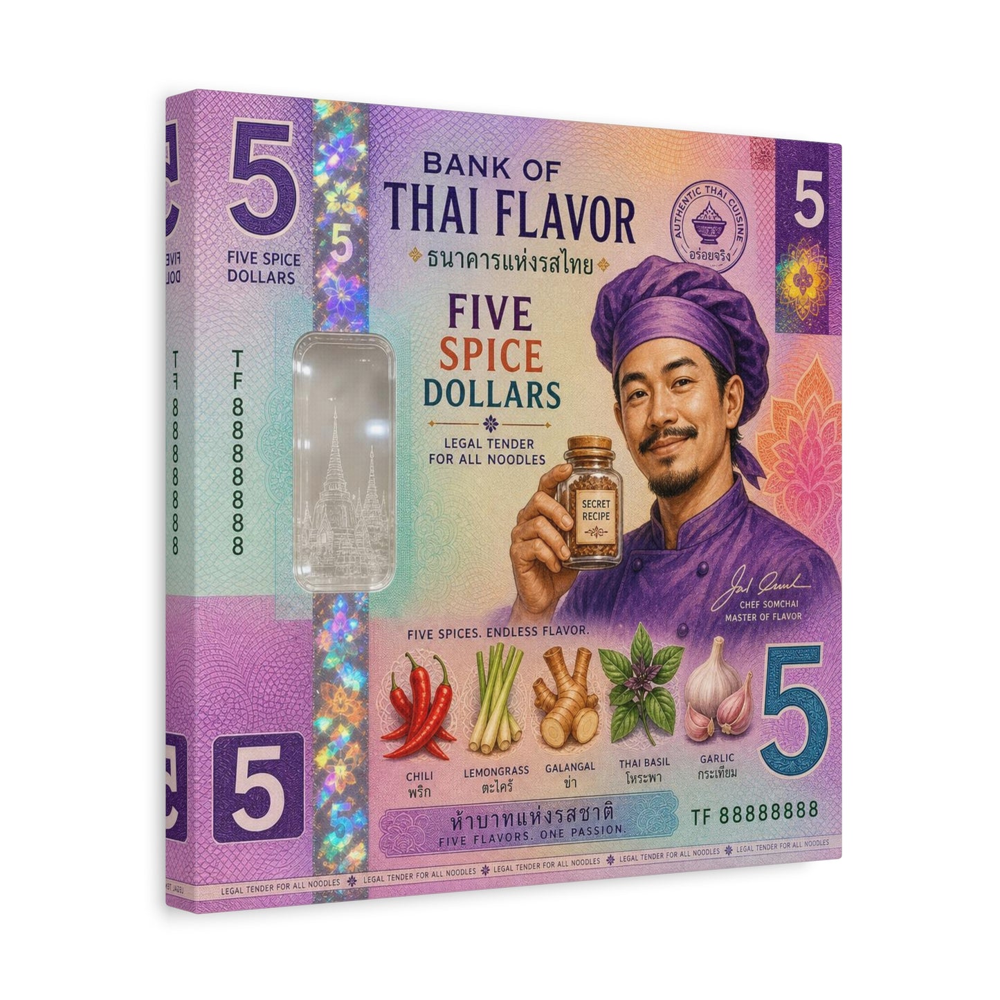 "Bank Of Thai Flavor" Thai Chef Canvas Wall Art - Five Spice Dollars Food Illustration, Colorful Typography Print, Eclectic Kitchen Decor, Cafe Wall Decor, Restaurant Wall Accent - Ready to Hang