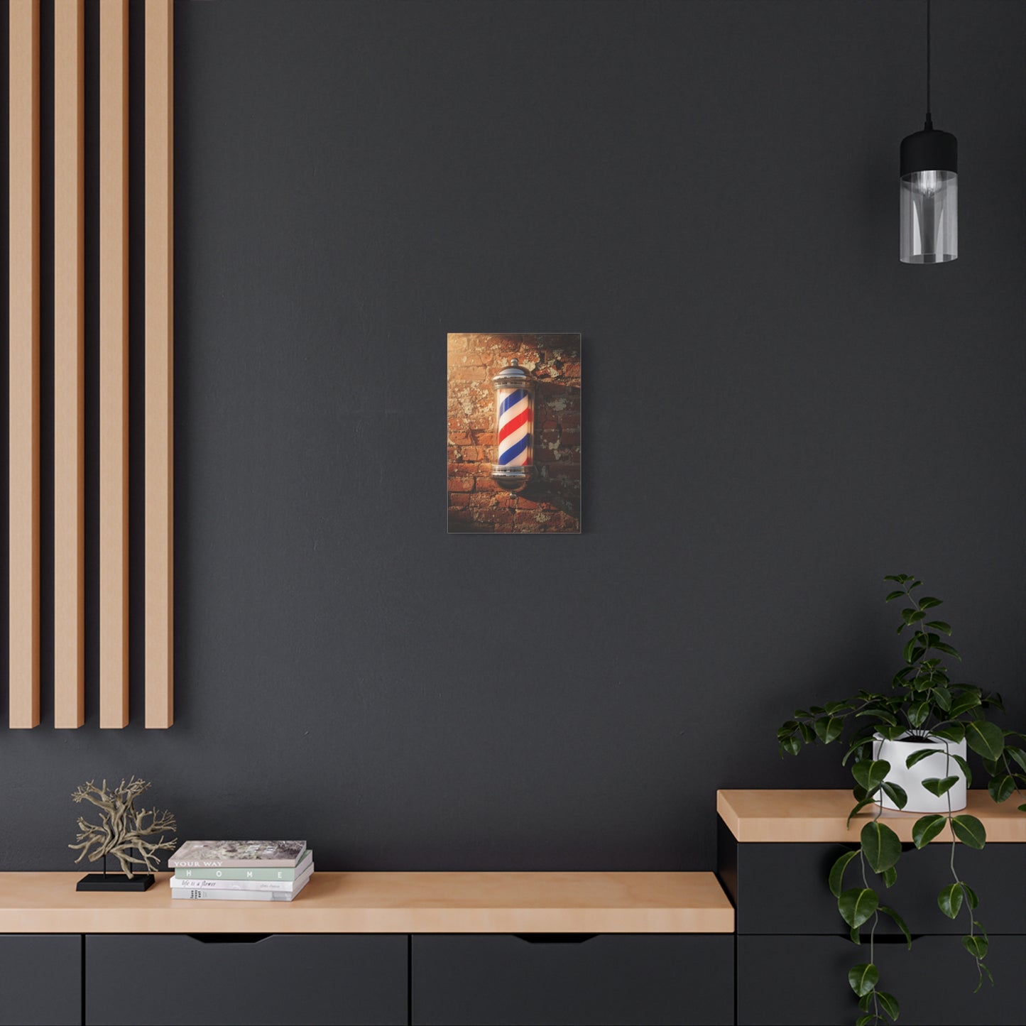 Vintage Barber Pole Canvas Wall Art - Rustic Brick Wall Art Print, Red Blue White Stripe Shop Decor - Matte Cotton Art Print - Barbershop Interior Accent, Lobby Workspace Styling - Ready to Hang