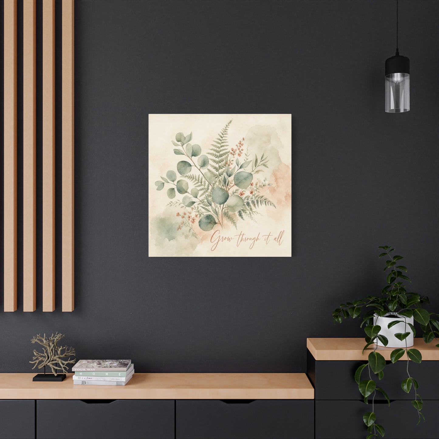 "Grow Through It All" Botanical Canvas Wall Art - Eucalyptus Fern Watercolor Quote Print, Sage Green Floral Home Decor - Modern Farmhouse Style, Bedroom Wall Hanging - Ready to Hang - Ready to Hang