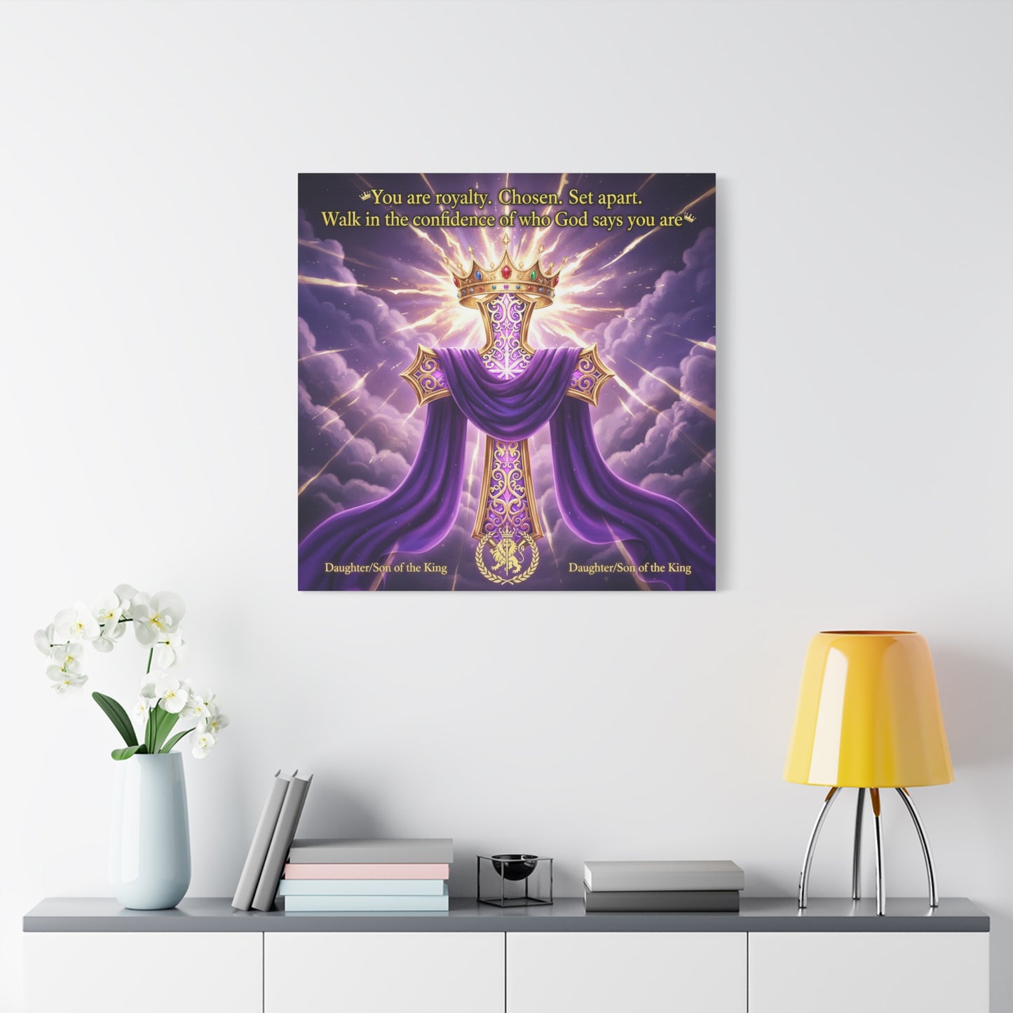 "You Are Royalty. Chosen. Set Apart." Christian Canvas Wall Art - Crowned Cross With Purple Draped Cloth, Daughter Son Of The King Quote - Religious Wall Decor For Bedroom, Office - Ready to Hang