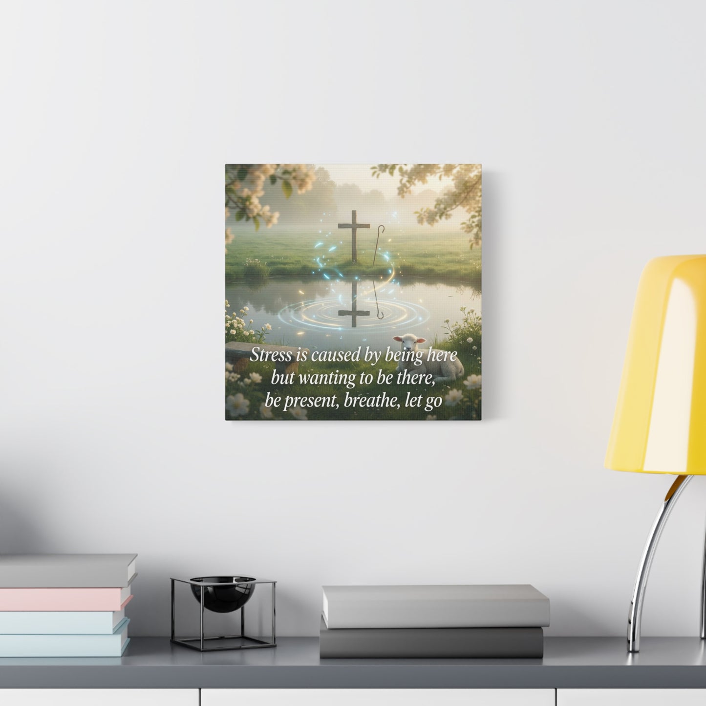 "Stress is caused by being here but wanting to be there, be present, breathe, let go" Cross Canvas Wall Art - Christian Inspirational Pond Scene - Traditional Style - Bedroom Wall Decor