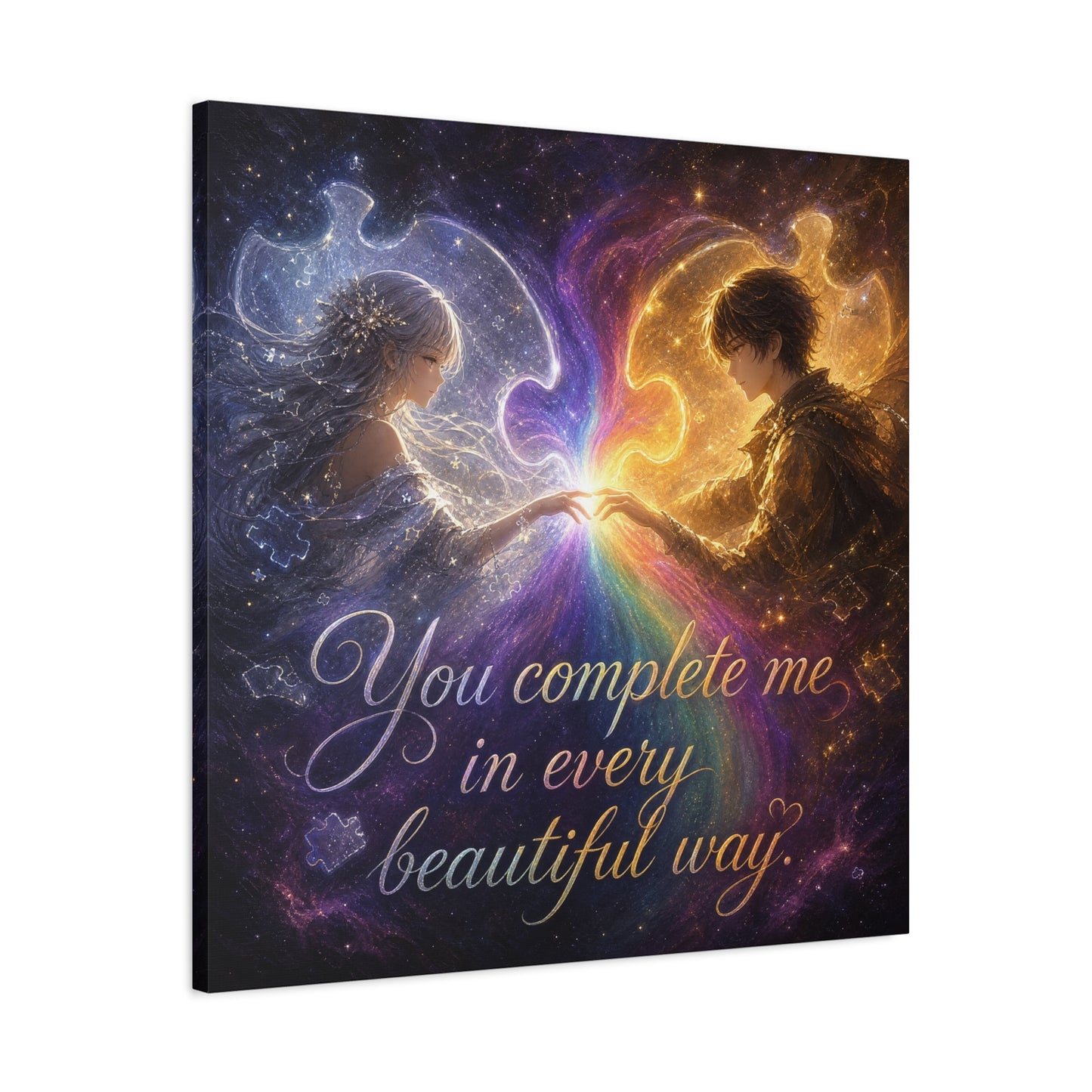 "You Complete Me In Every Beautiful Way" Romantic Couple Canvas Wall Art - Celestial Puzzle Soulmate Quote Print, Fantasy Love Decor - Bedroom Wall Hanging - Ready to Hang - Bedroom Home Decoration