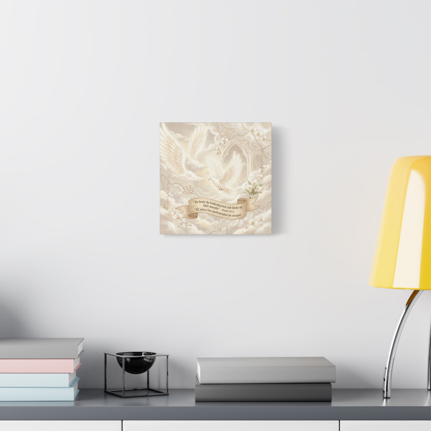 "He Heals The Brokenhearted And Binds Up Their Wounds" Canvas Wall Art - Dove, Cross, Psalm 147:3 Scripture Print - Beige Floral Christian Decor - Bedroom Living Room Home Decoration - Office Wall Art